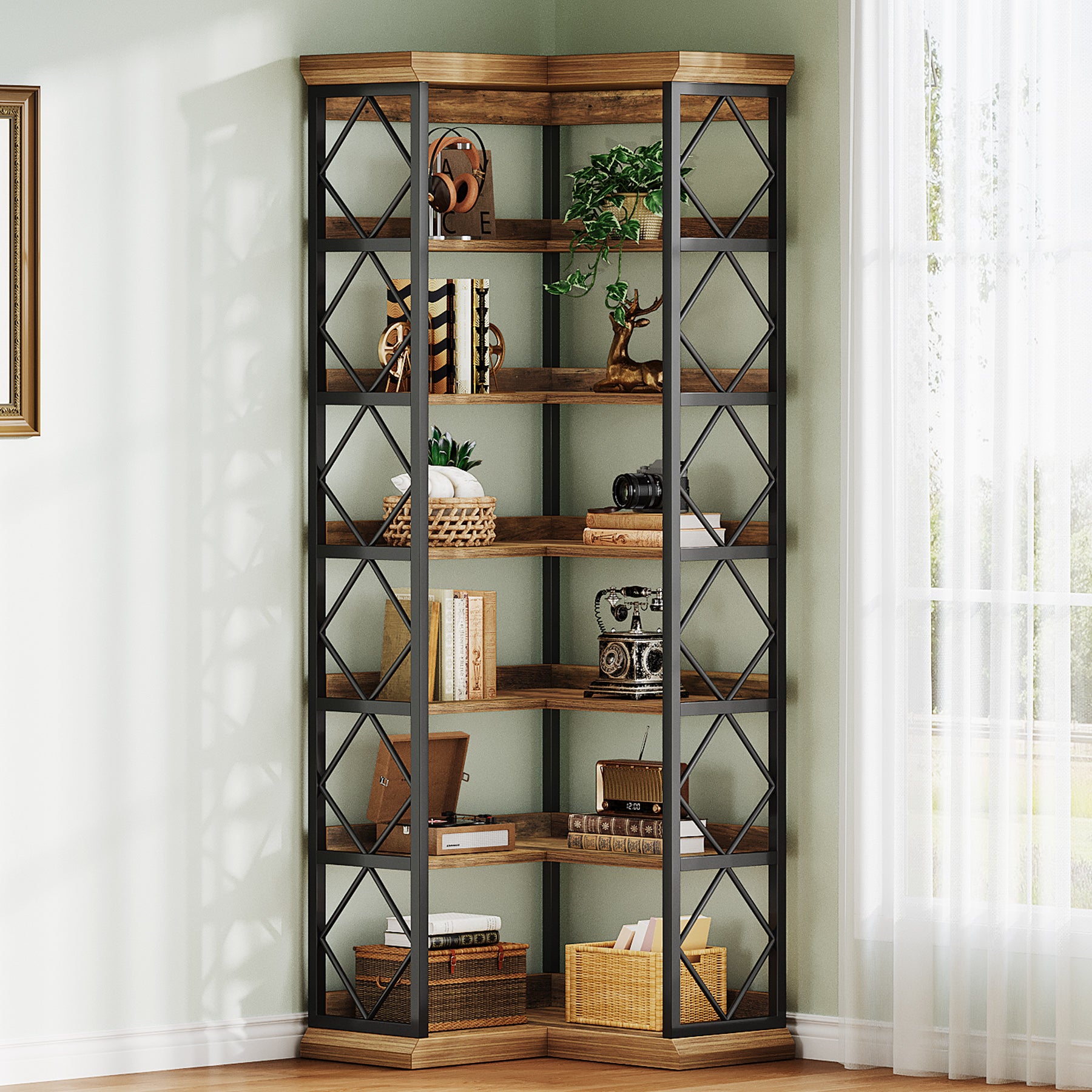 184 cm Hoge Hoekboekenkast, 6-Laags L-Vormige Boekenkast met Opbergruimte voor Woonkamer