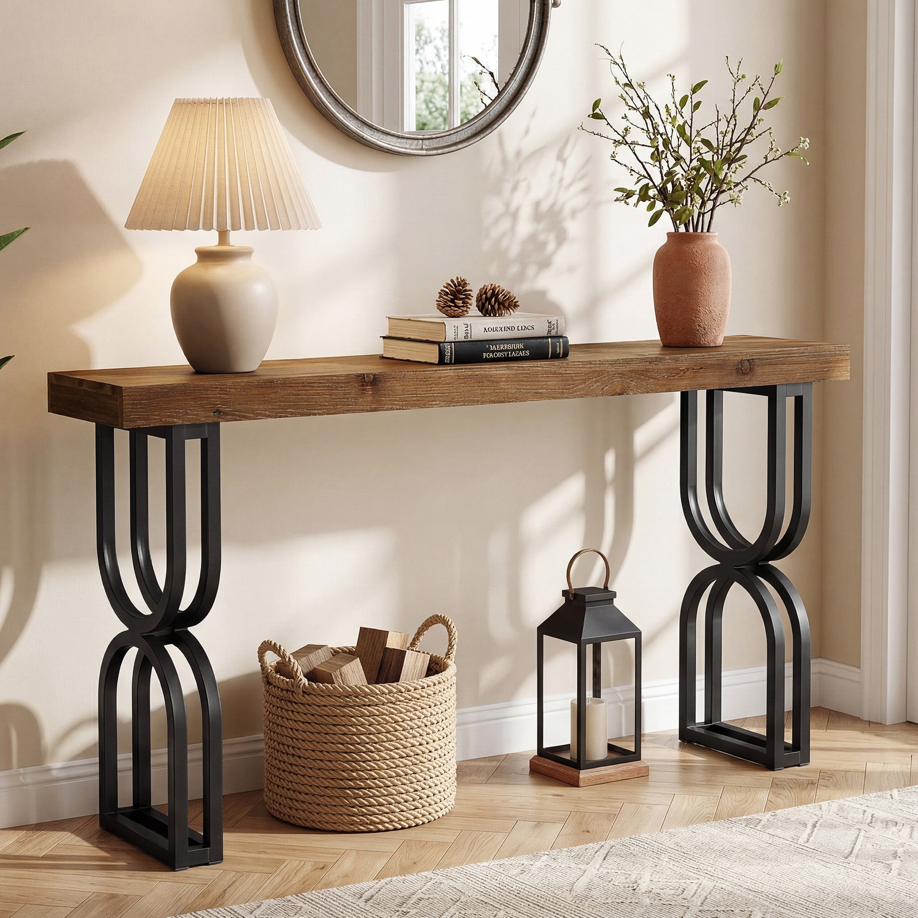 150 cm Massief Houten Consoletafel, U-vormige Metalen Poten voor Hal
