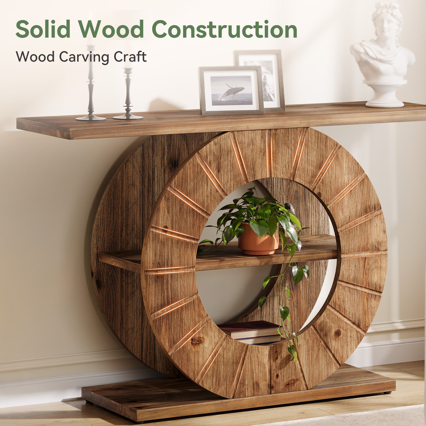 105 cm Massief Houten Consoletafel met 3 Planken en Ronde Basis