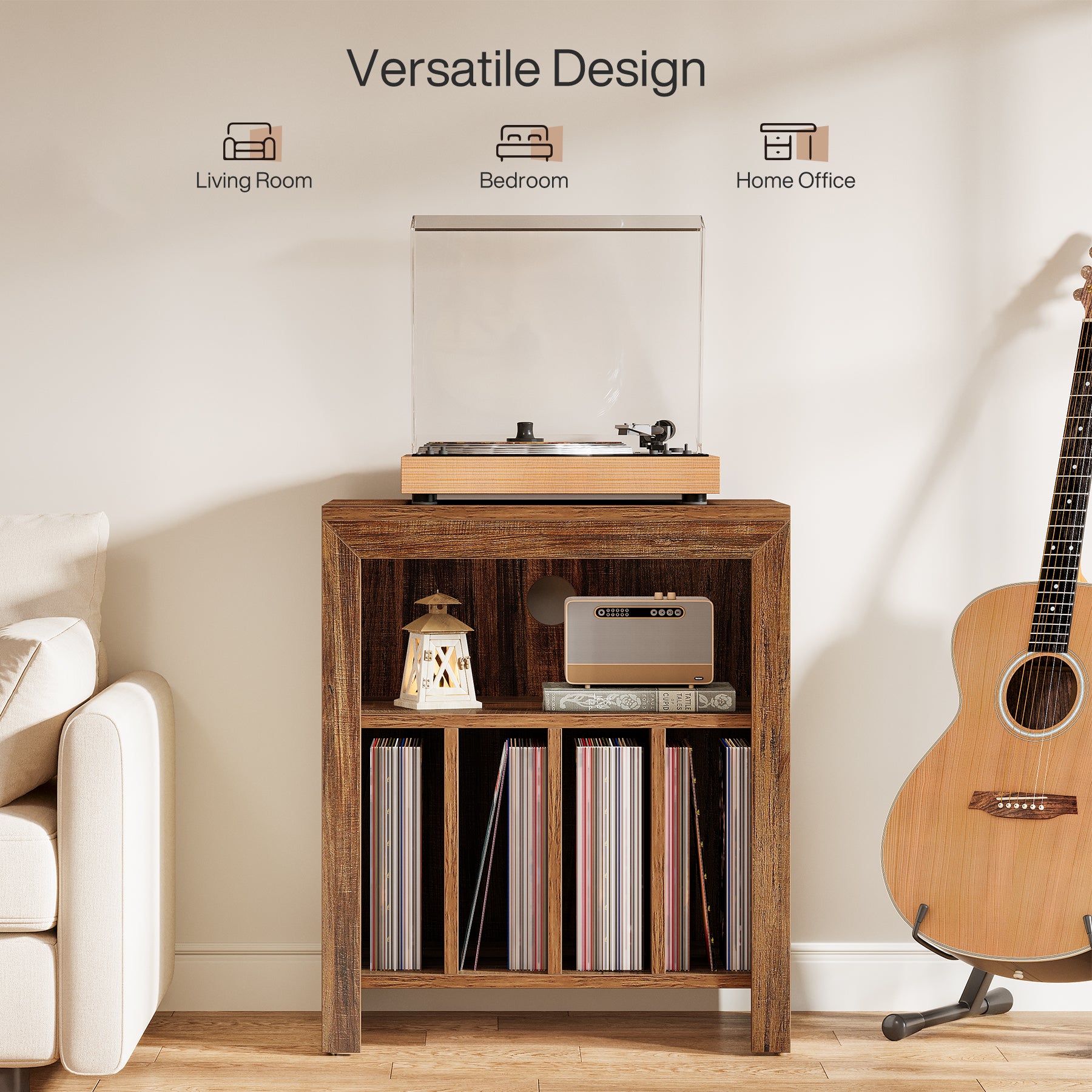 60 cm Vinylplaten Bijzettafel met 3 Etages, Industrieel Opbergmeubel in Rustiek Bruin