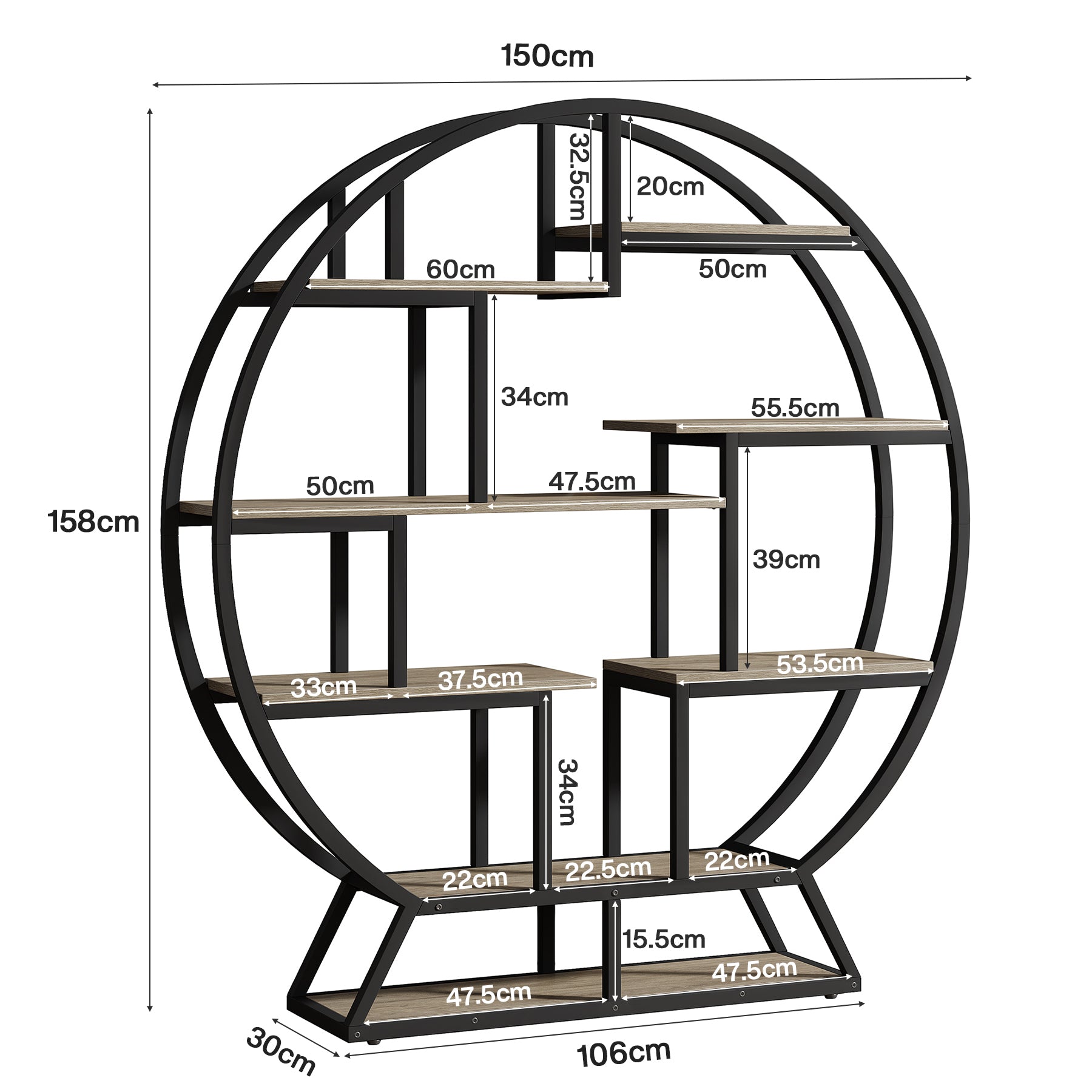 160 cm Ronde Boekenkast, Vijfplanken Opbergmeubel voor Kantoor en Woonkamer