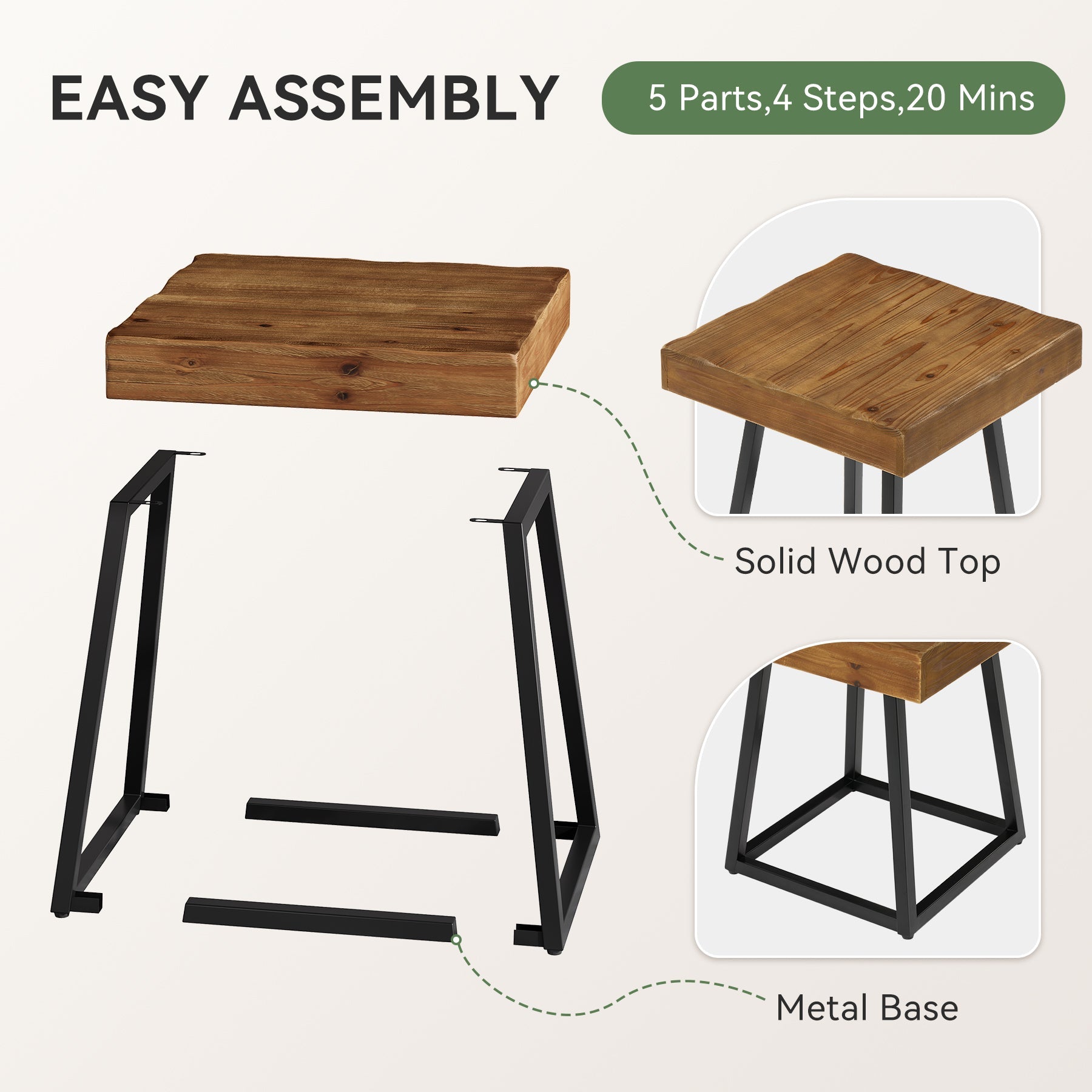 Tribesigns bijzettafel van massief hout, 50 cm, vierkant nachtkastje met metalen onderstel