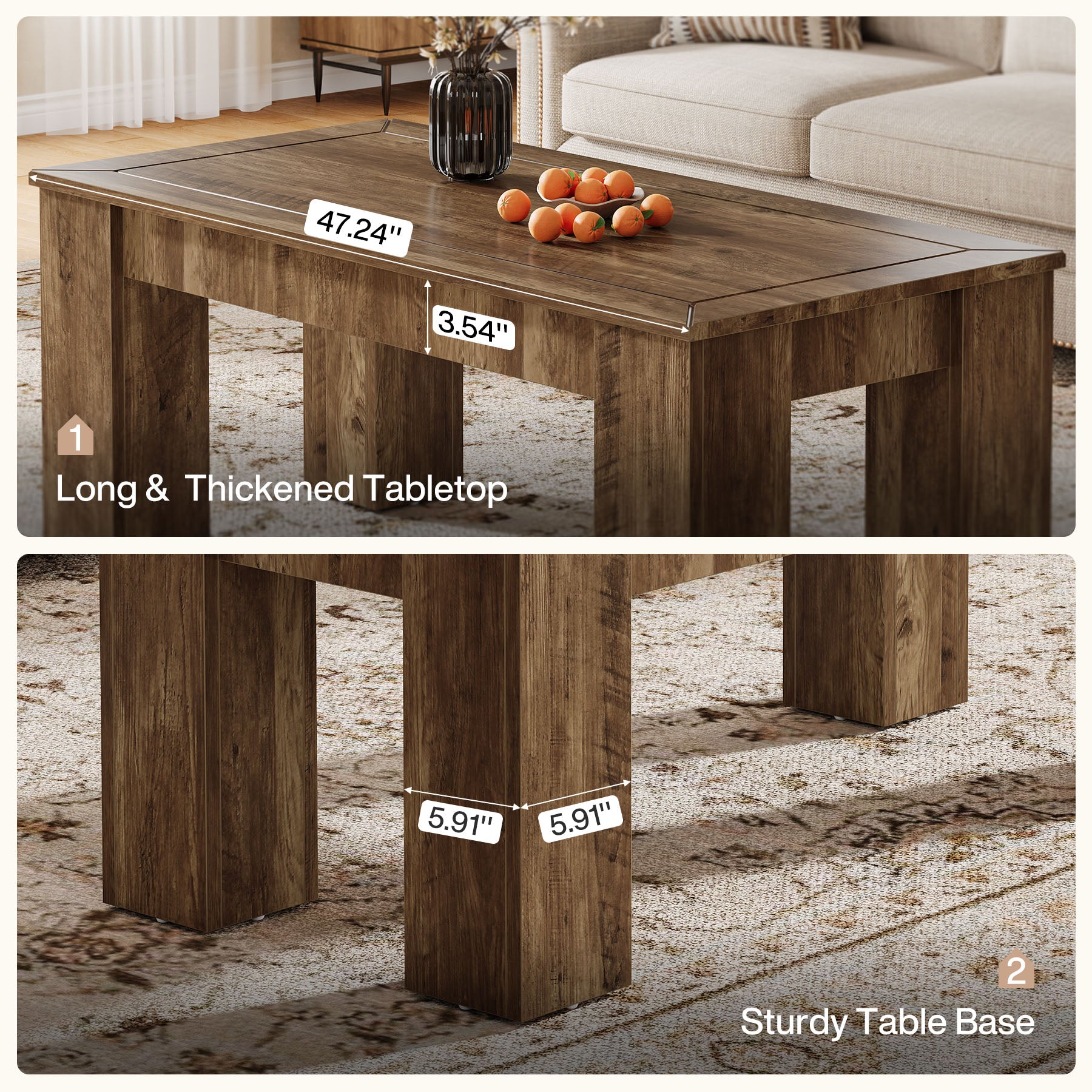 120 cm Rechthoekige Salontafel met Stevige Poten, Moderne Centrumtafel voor Woonkamer