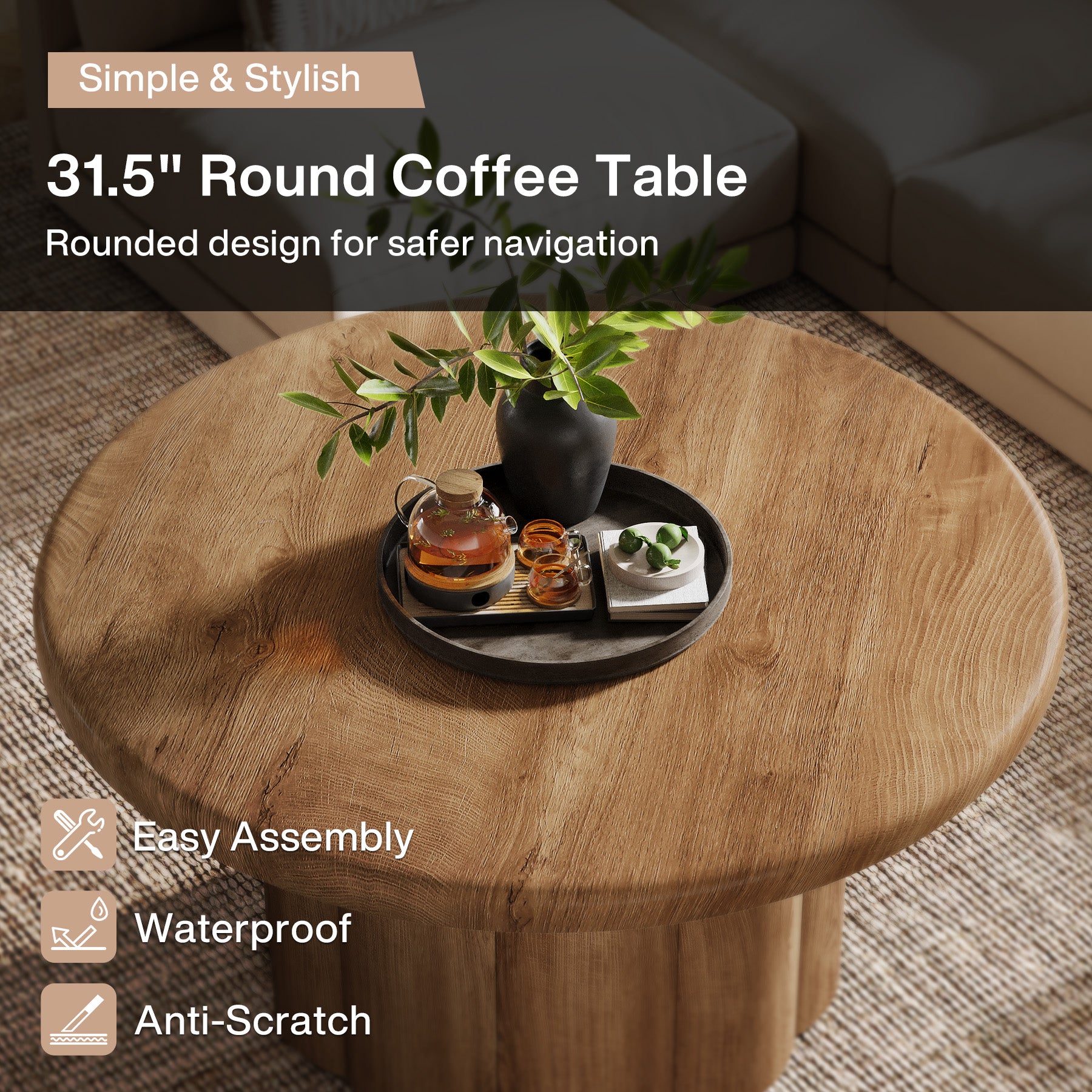 80 cm Ronde Landelijke Salontafel, Gegroefde Trommelvoet voor Woonkamer en Appartement