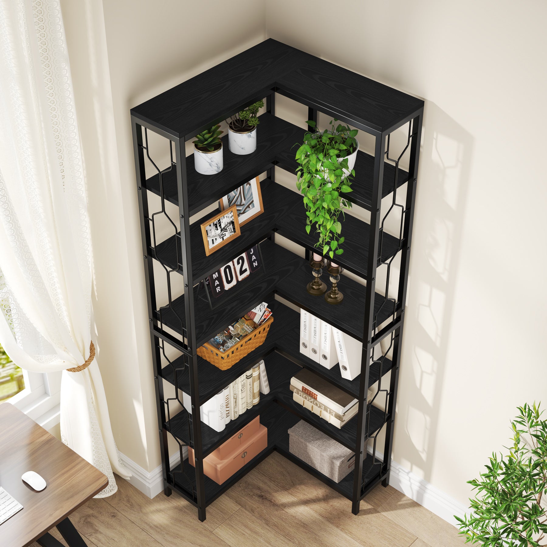 200 cm Hoge Industriële Hoekkast, 7-Lags Hoekwandplanken in Rustiek Bruin voor Woonkamer en Kantoor