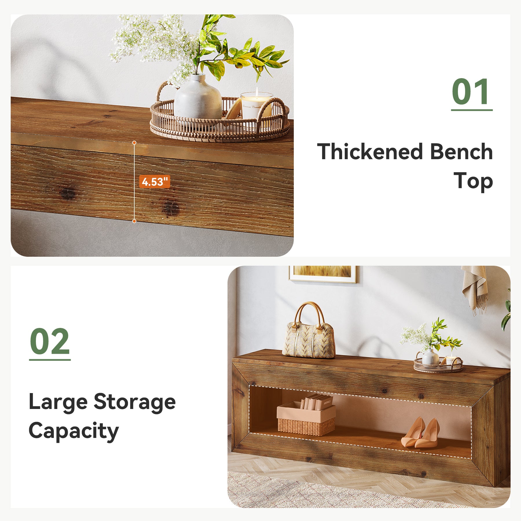120 cm massief houten halbank met opbergplank, landelijke zitbank voor entree en hal