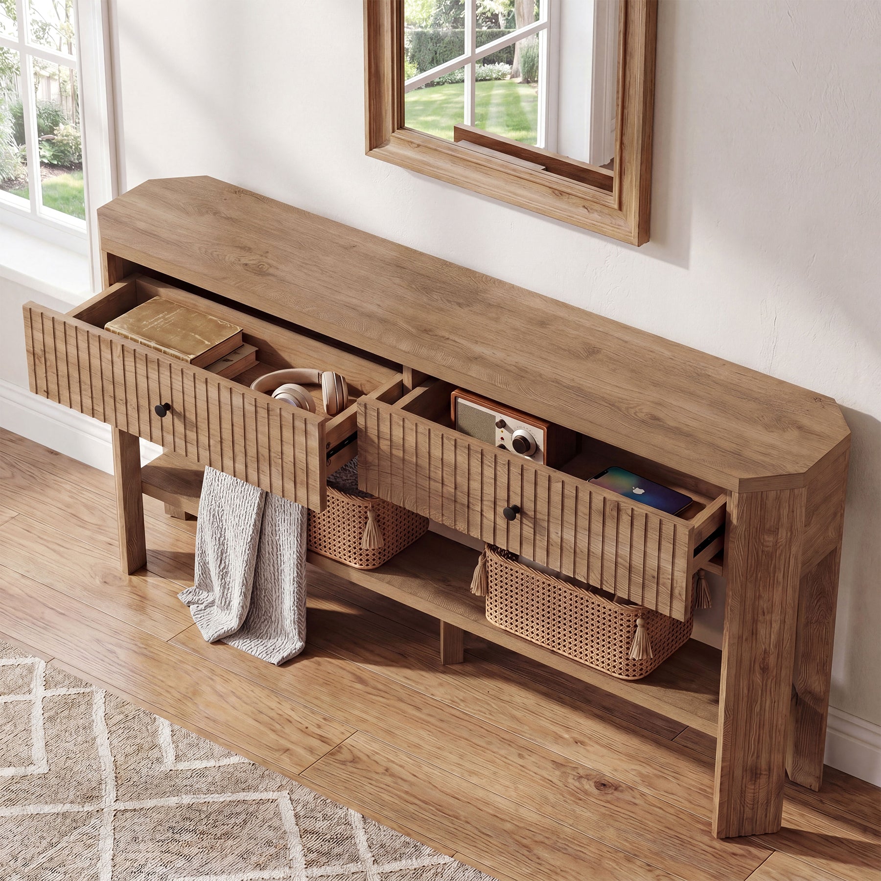 150 x 30 x 80 cm Tribesigns haltafel met 2 lades en open plank, smalle consoletafel voor entree en gang