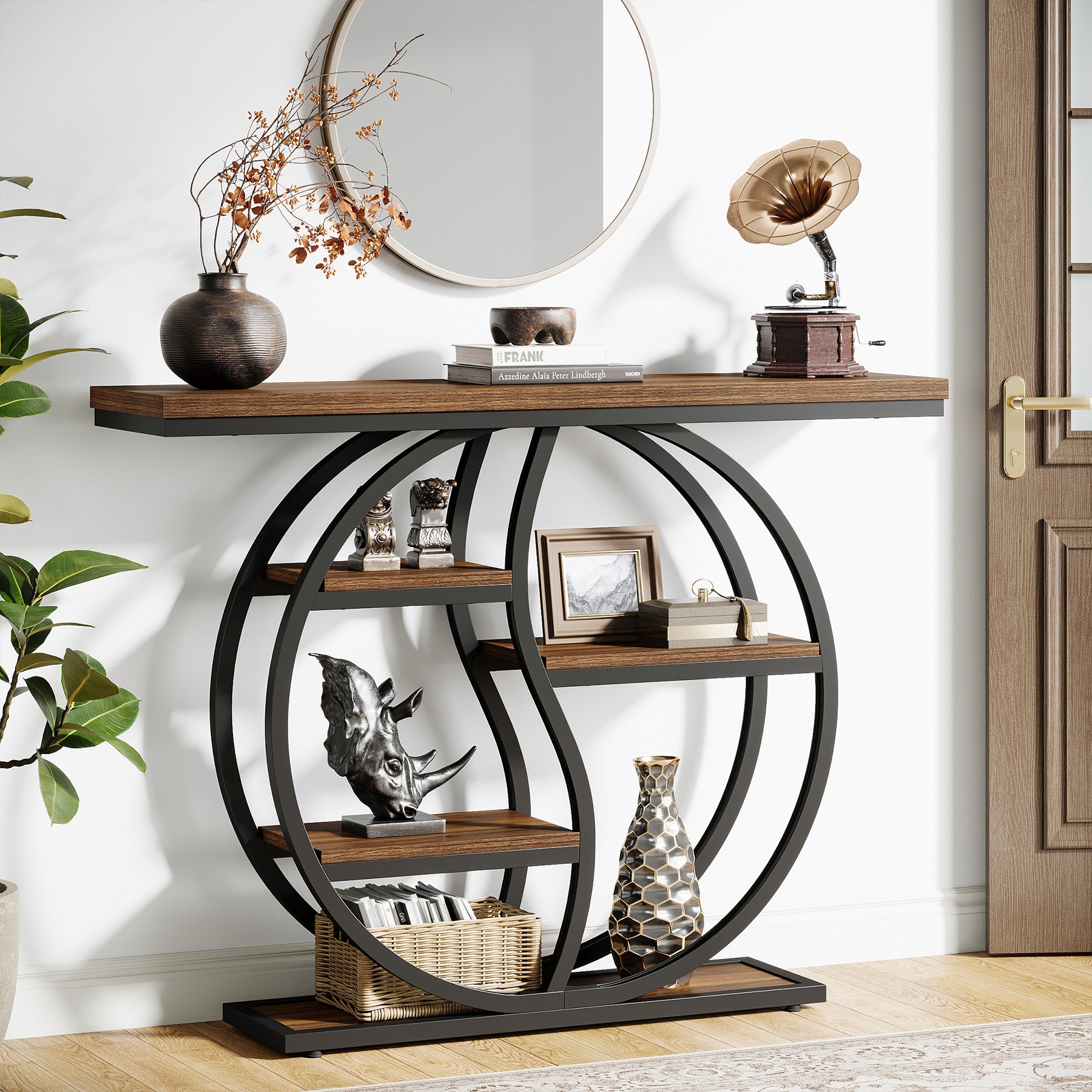 Consoletafel van 120 cm met 5 Lagen in Rustiek Bruin, Smalle Industriële Houten Hal- en Banktafel met Metalen Frame