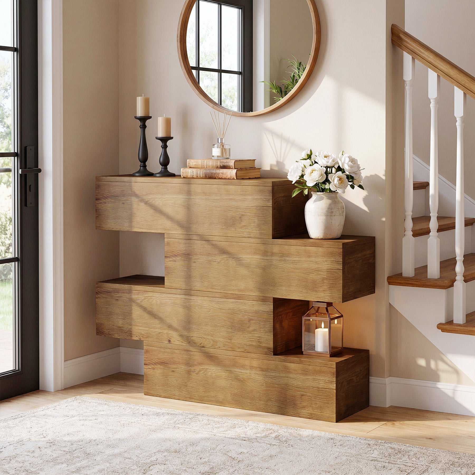 Tribesigns Massief Houten Console Tafel 110 cm met 4 niveaus, smalle haltafel in landelijke stijl