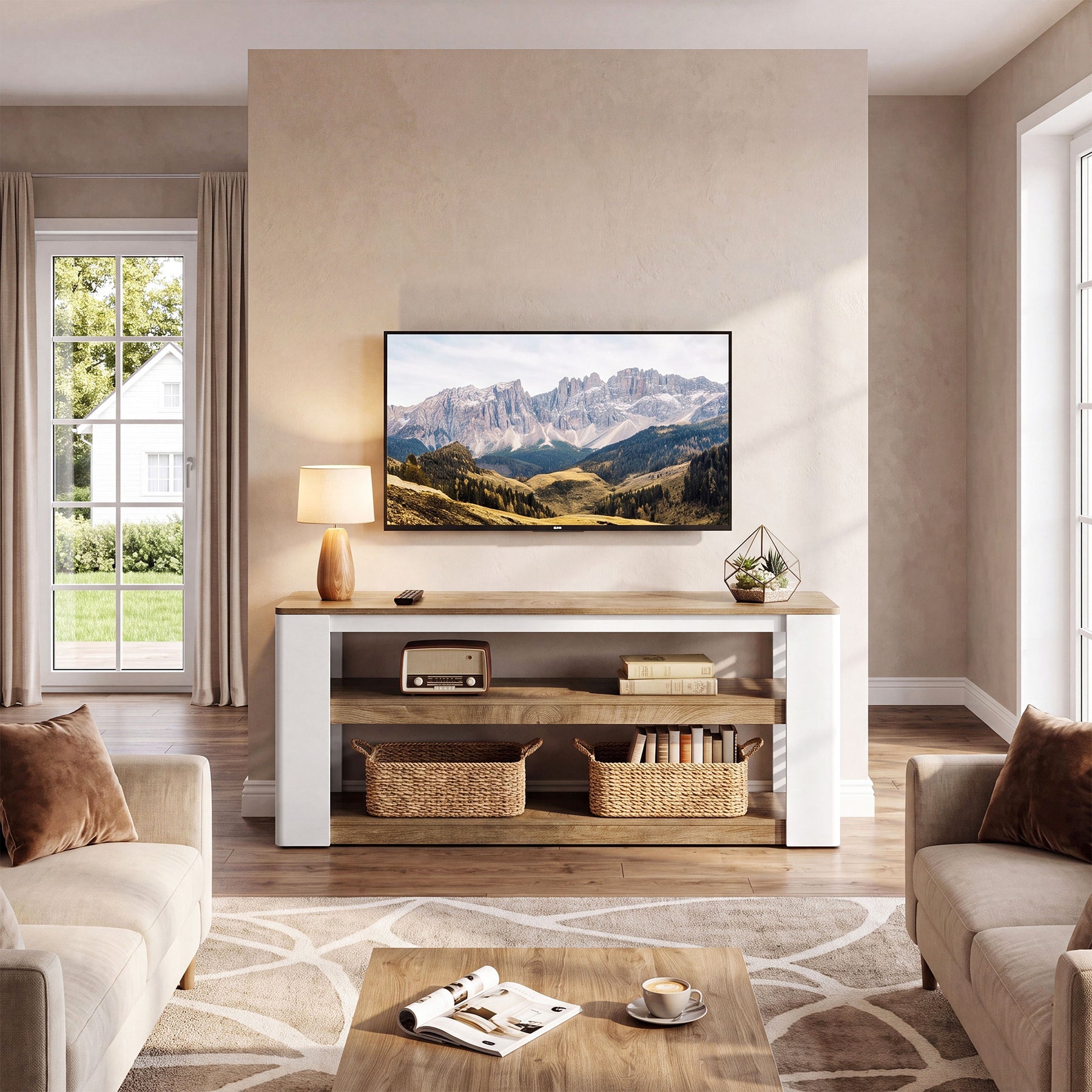 160 cm TV-meubel voor tv's tot 75 inch, 3-laags tv-dressoir met opbergruimte en stijlvolle lattenpanelen aan de zijkanten