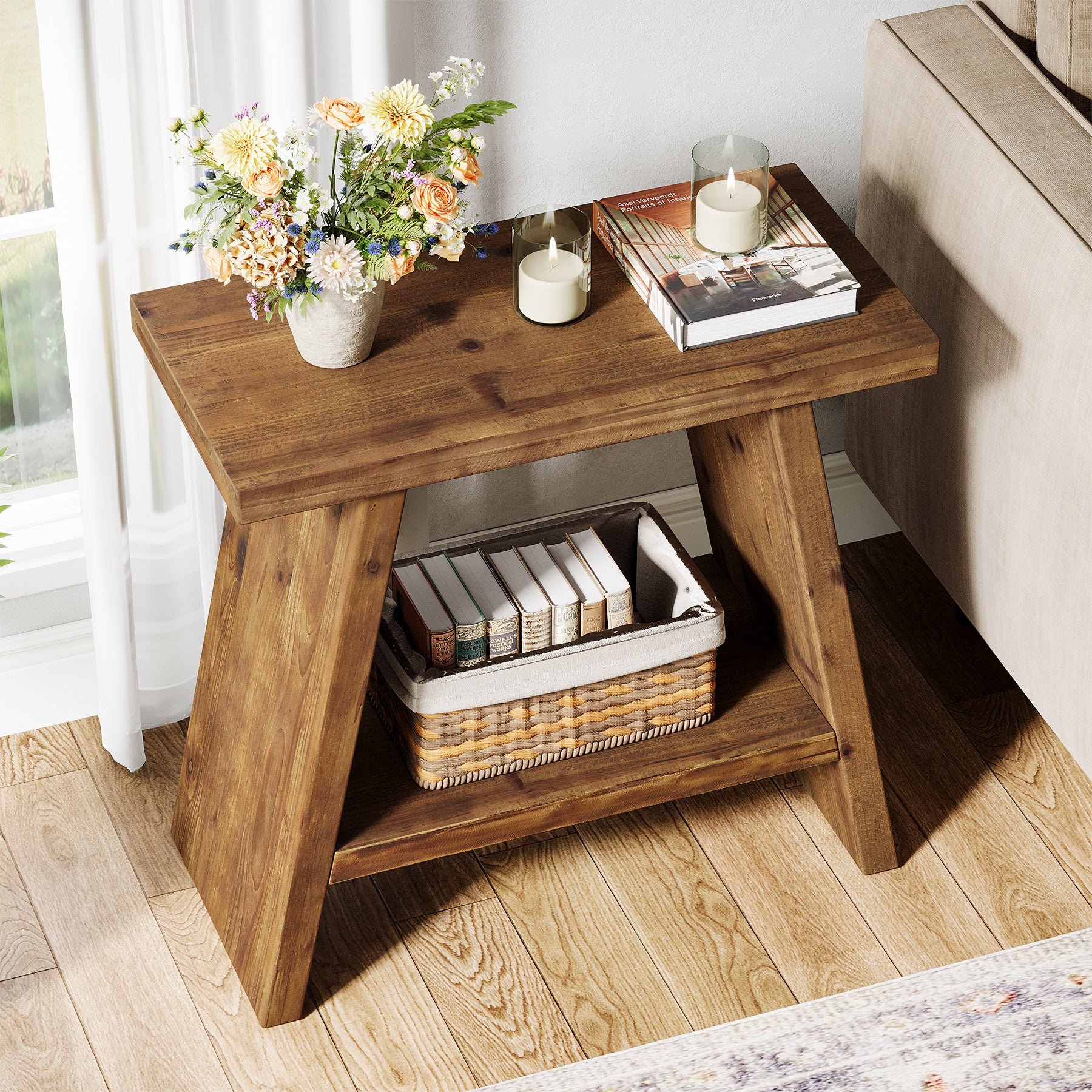 60 x 30 cm Smalle bijzettafel van massief hout met 2-laagse opbergruimte, landelijk nachtkastje voor woonkamer en slaapkamer