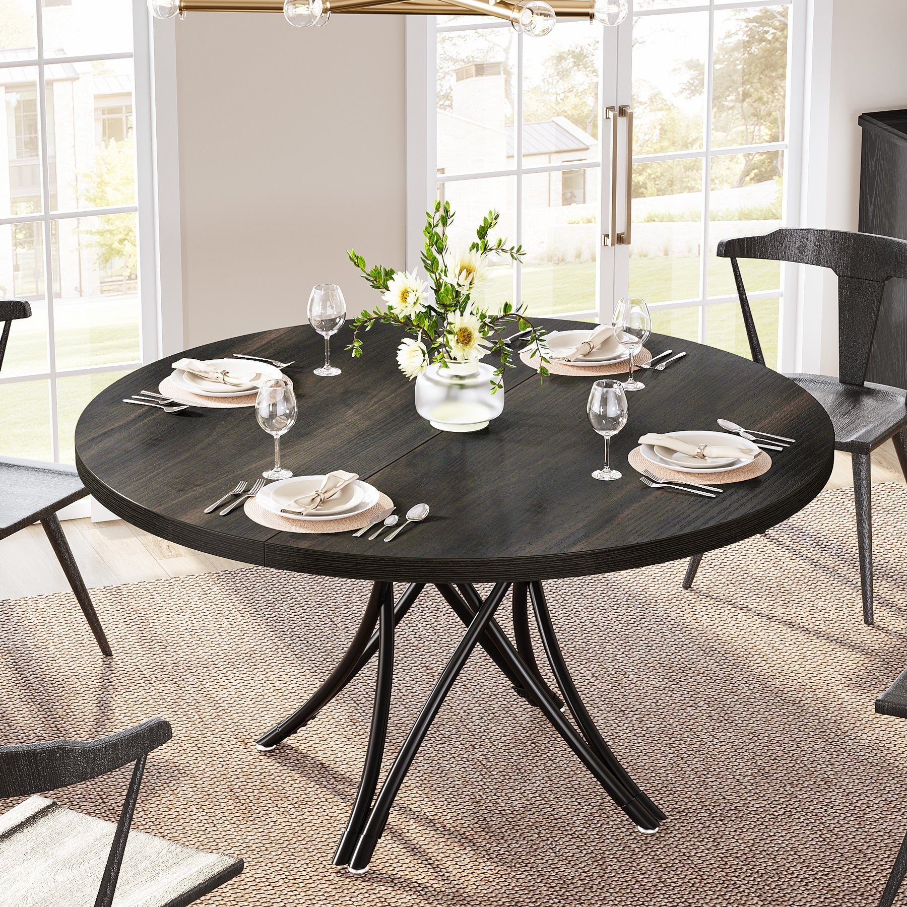 Ronde Eettafel voor 4-6 Personen, 120 cm met Kruisvormige Metalen Poten in Het Zwart