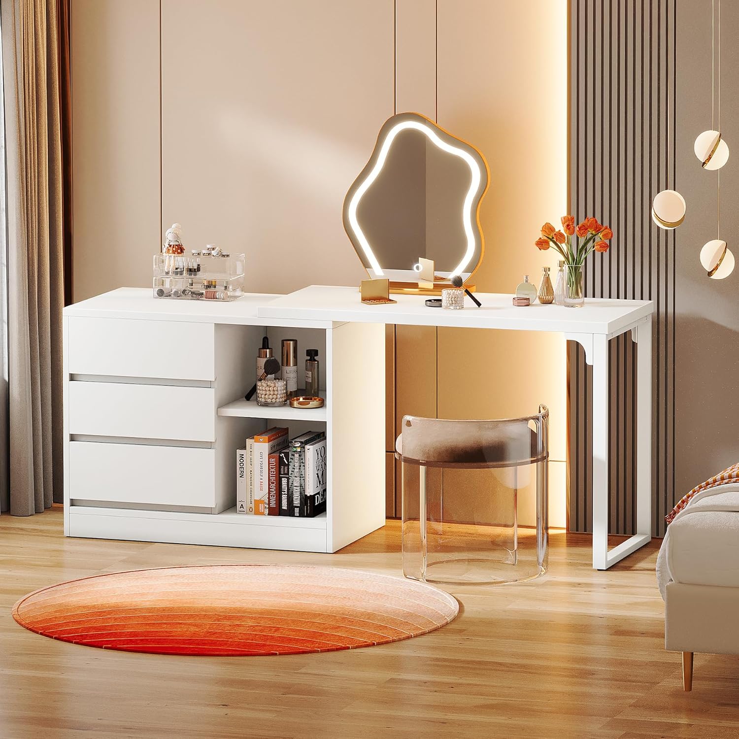 100 cm Kaptafel met 3 Laden en 2 Planken, Hoek Schminktafel met Opbergkast Zonder Spiegel