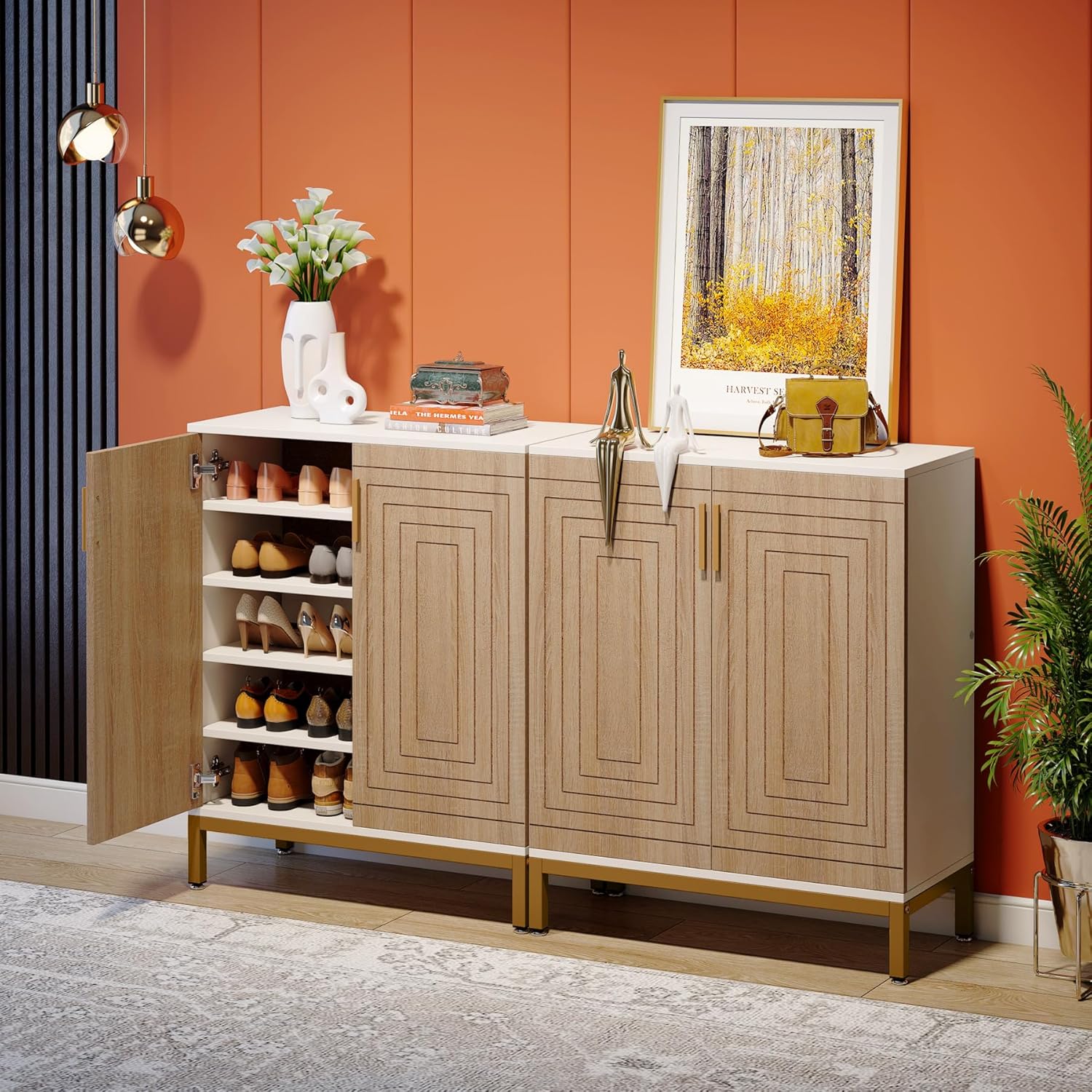 95 cm Schoenenkast met Deuren, Opbergmeubel voor 20 paar Schoenen met 5 Planken in Wit of Natuurlijk