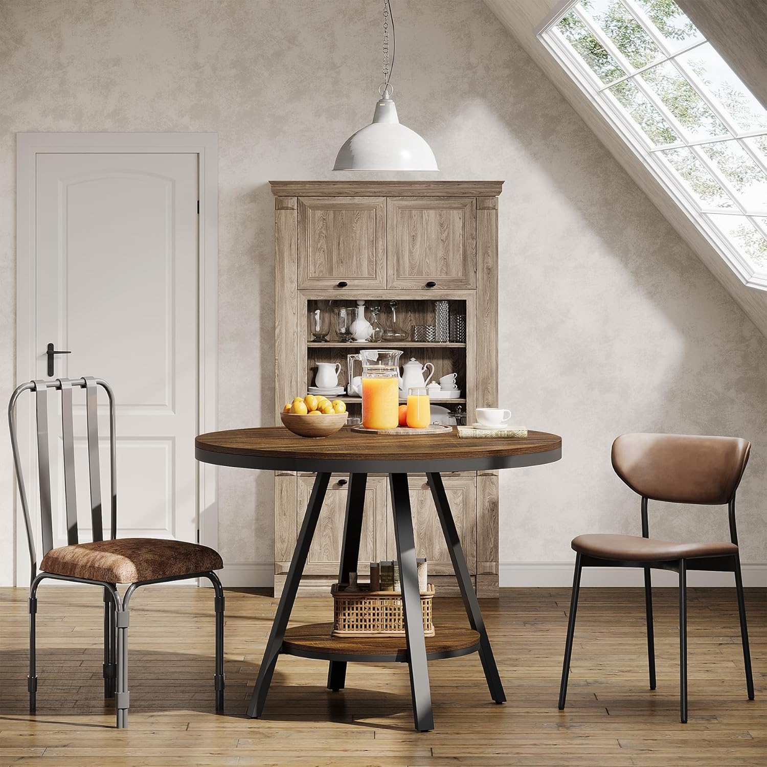 90cm Ronde Eettafel voor 4 Personen, Landhuisstijl met Metalen Poten voor Keuken en Woonkamer in Bruin