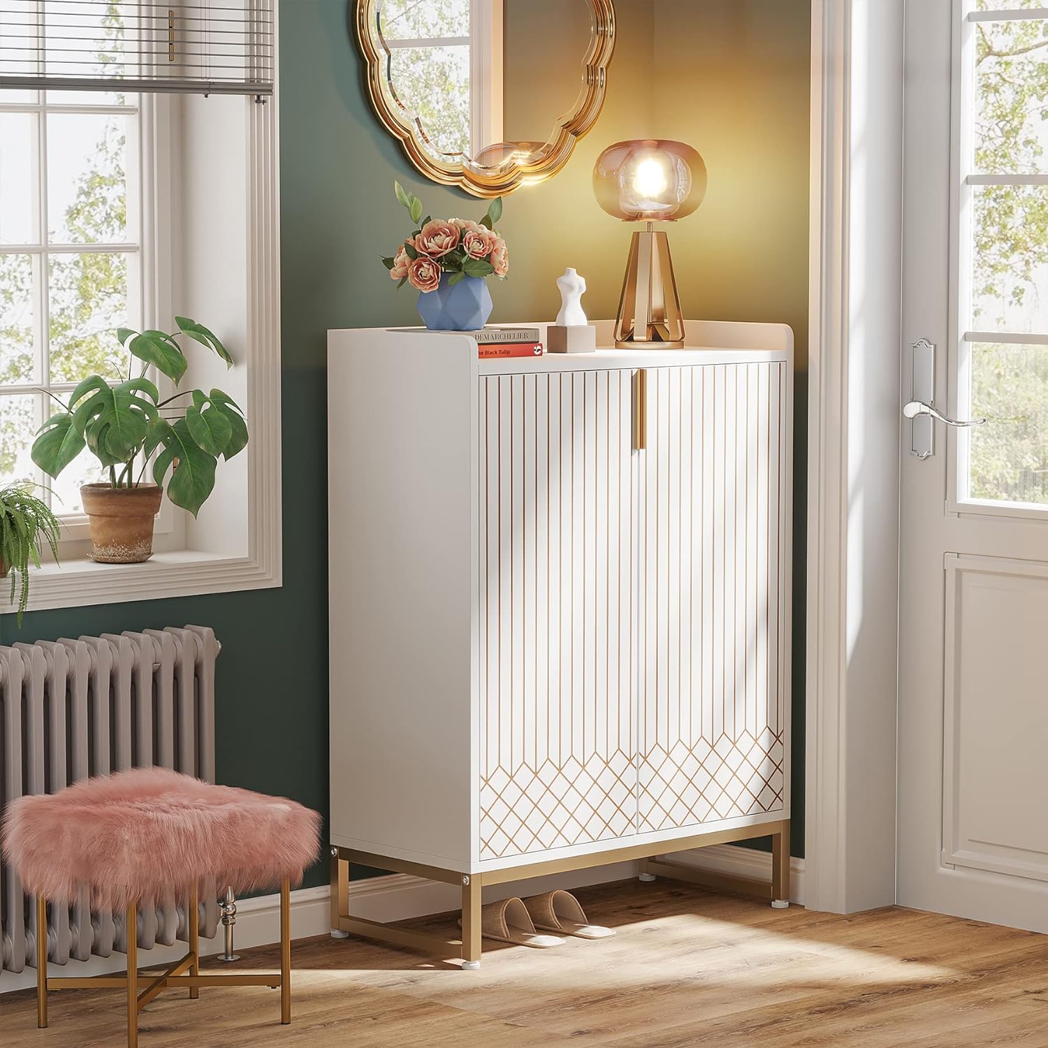 75x35x105 cm moderne schoenenkast, met 2 deuren en 5 laden voor een opgeruimde entree of slaapkamer