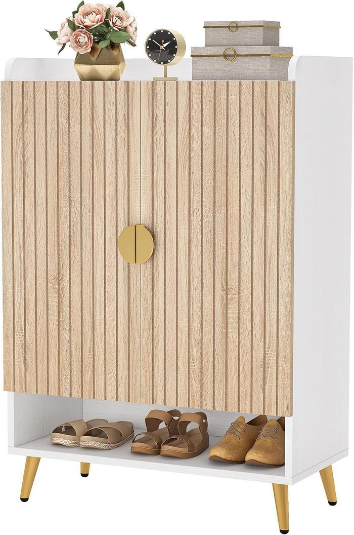 110 cm Schoenenkast, Witte Opbergmeubel met Zeven Planken en Gouden Frame