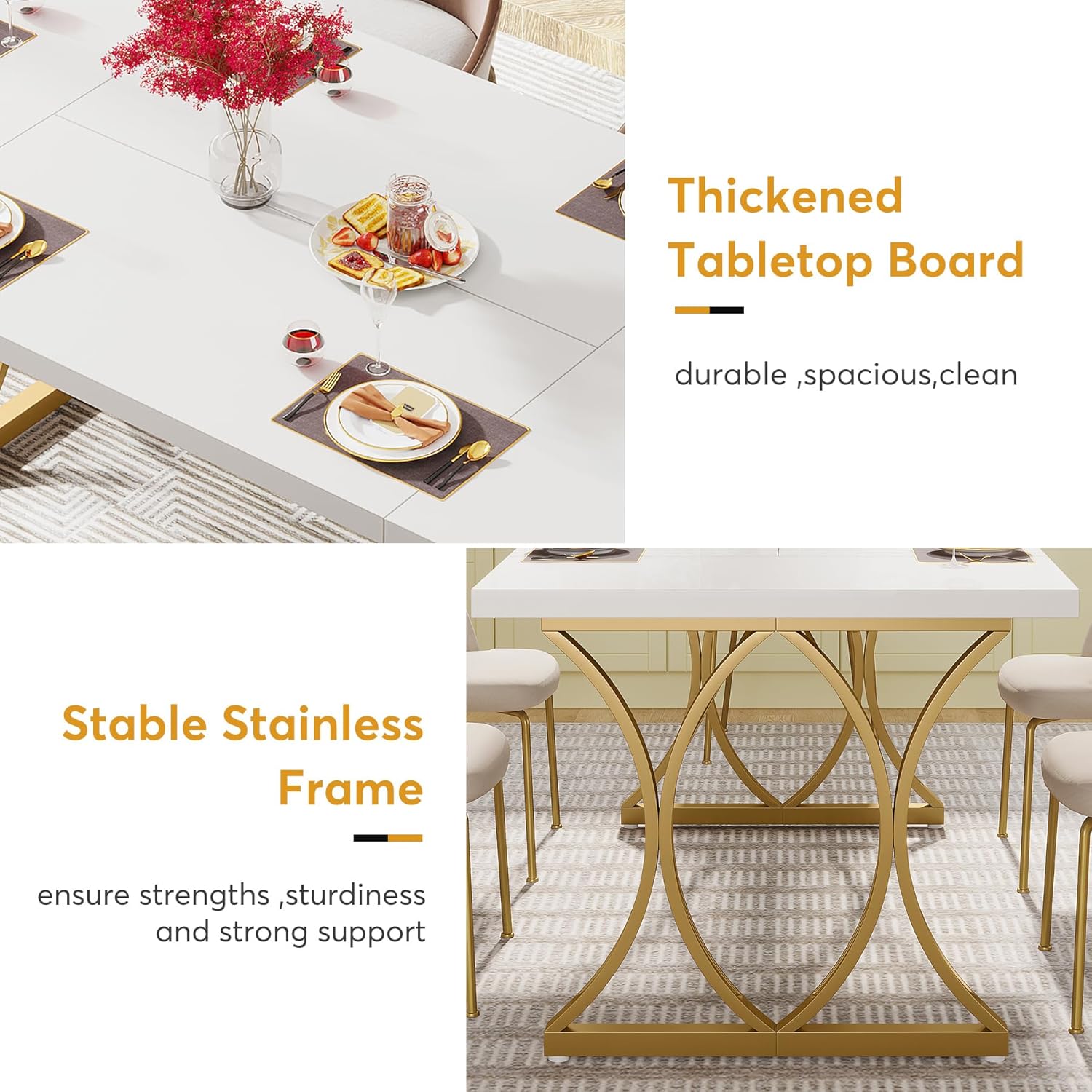 160 cm Tribesigns Moderne Witte Eettafel voor 6 Personen, Rechthoekige Tafel in Goud en Wit