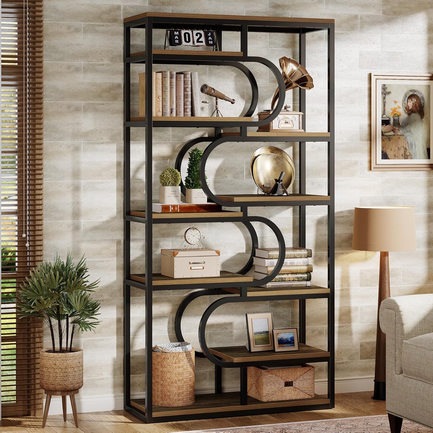 180 cm Industriële Boekenkast, Vijfplanken Etagère met Metalen Frame voor Kantoor