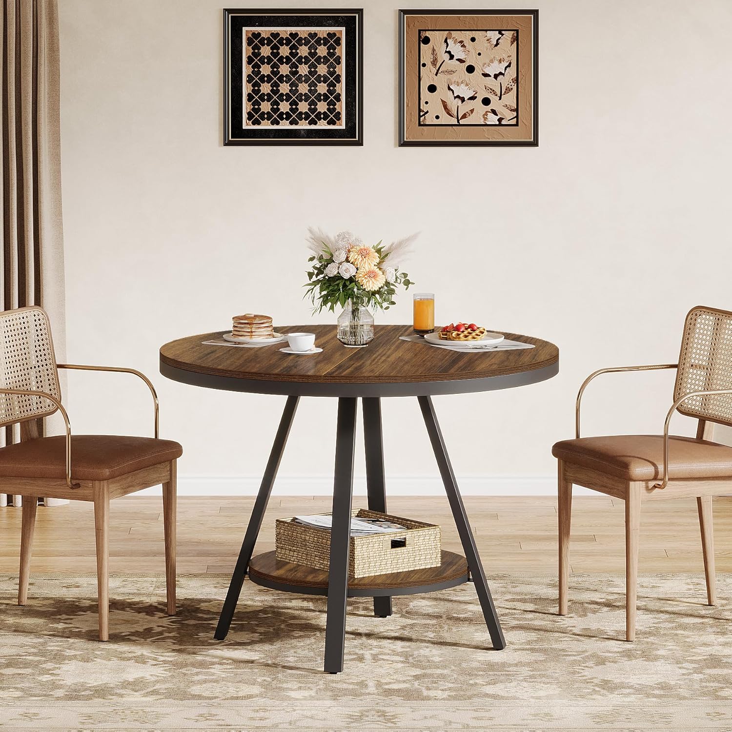 90cm Ronde Eettafel voor 4 Personen, Landhuisstijl met Metalen Poten voor Keuken en Woonkamer in Bruin