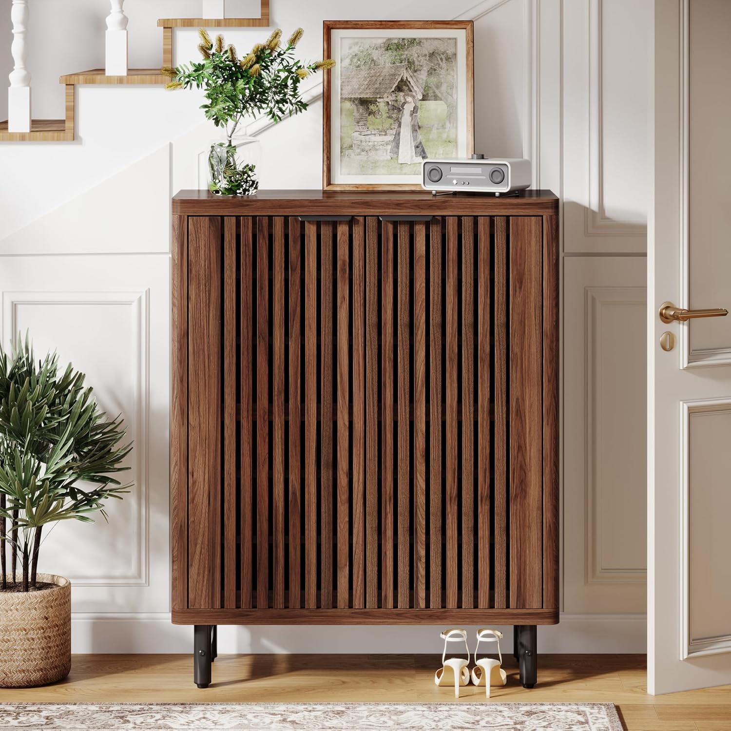 110 cm Retro Schoenenkast, Zes Planken Opbergmeubel met Verstelbare Schappen