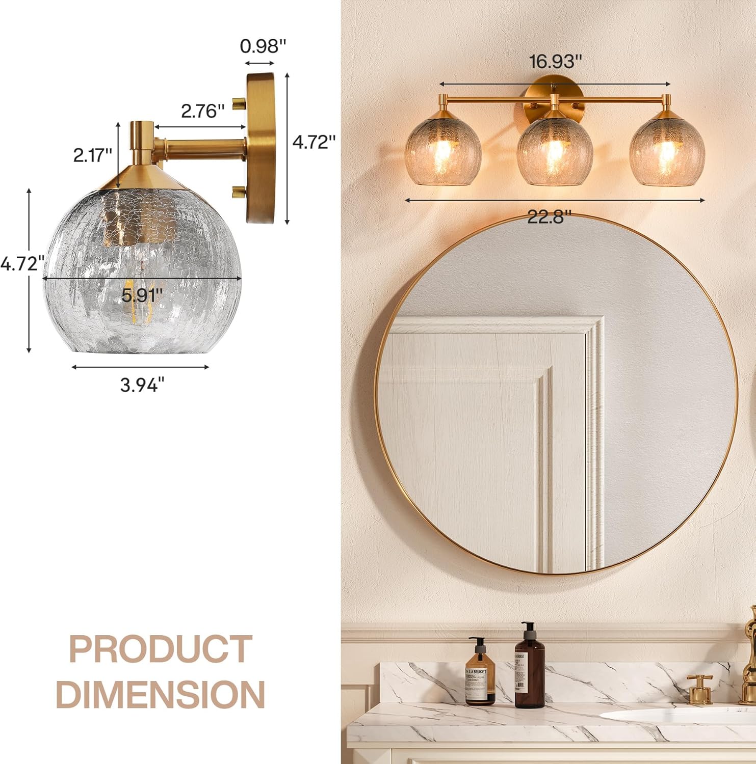 43 cm Moderne Wandlamp Goud, Tribesigns 3-flammige Crackle Glas Armatur met E27 voor Badkamer
