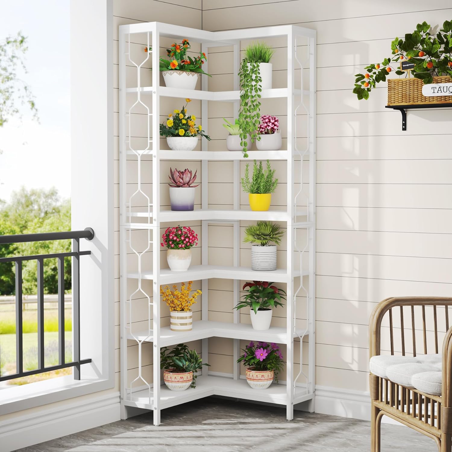 200 cm Hoge Industriële Hoekkast, 7-Lags Hoekwandplanken in Rustiek Bruin voor Woonkamer en Kantoor