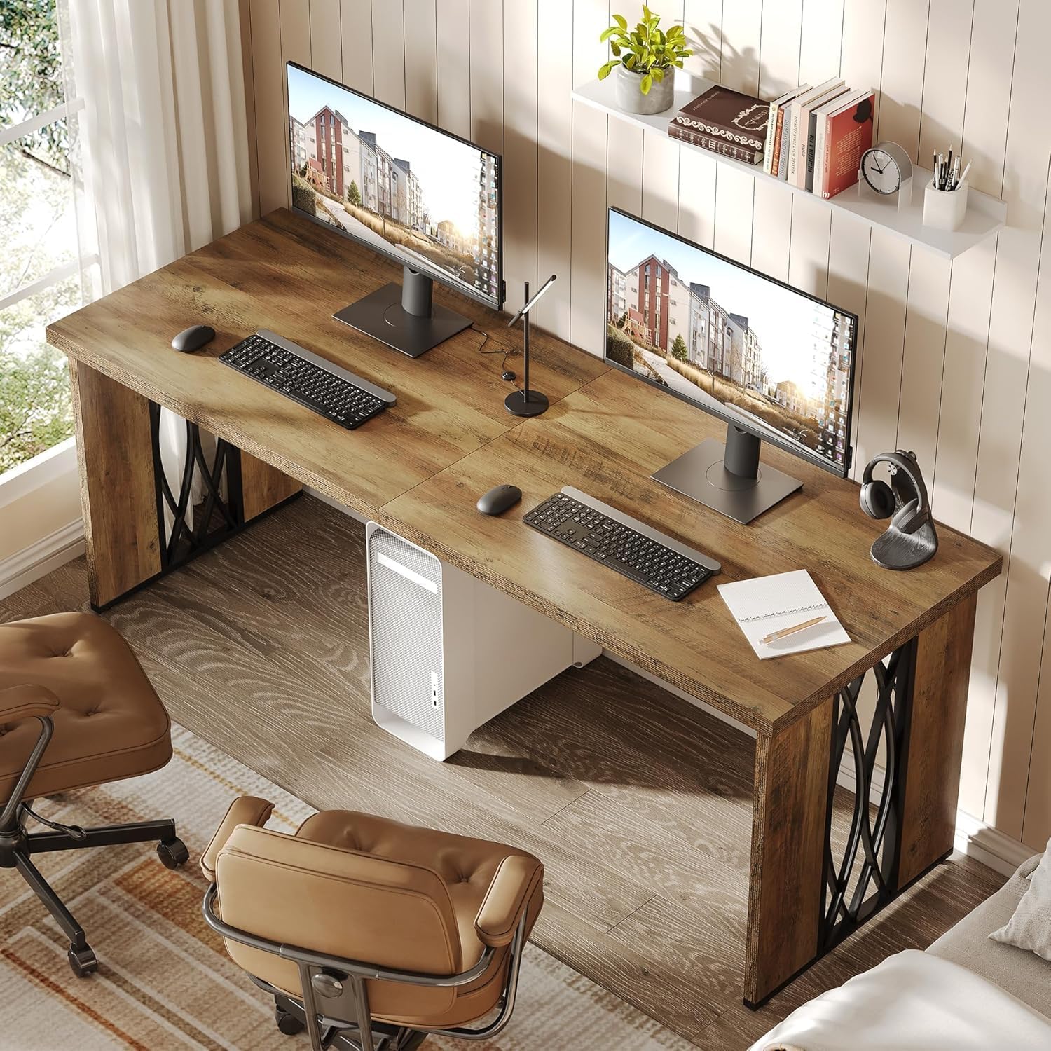 200 cm Bureau voor Twee Personen, Landelijke Lange Schrijftafel voor Thuiskantoor