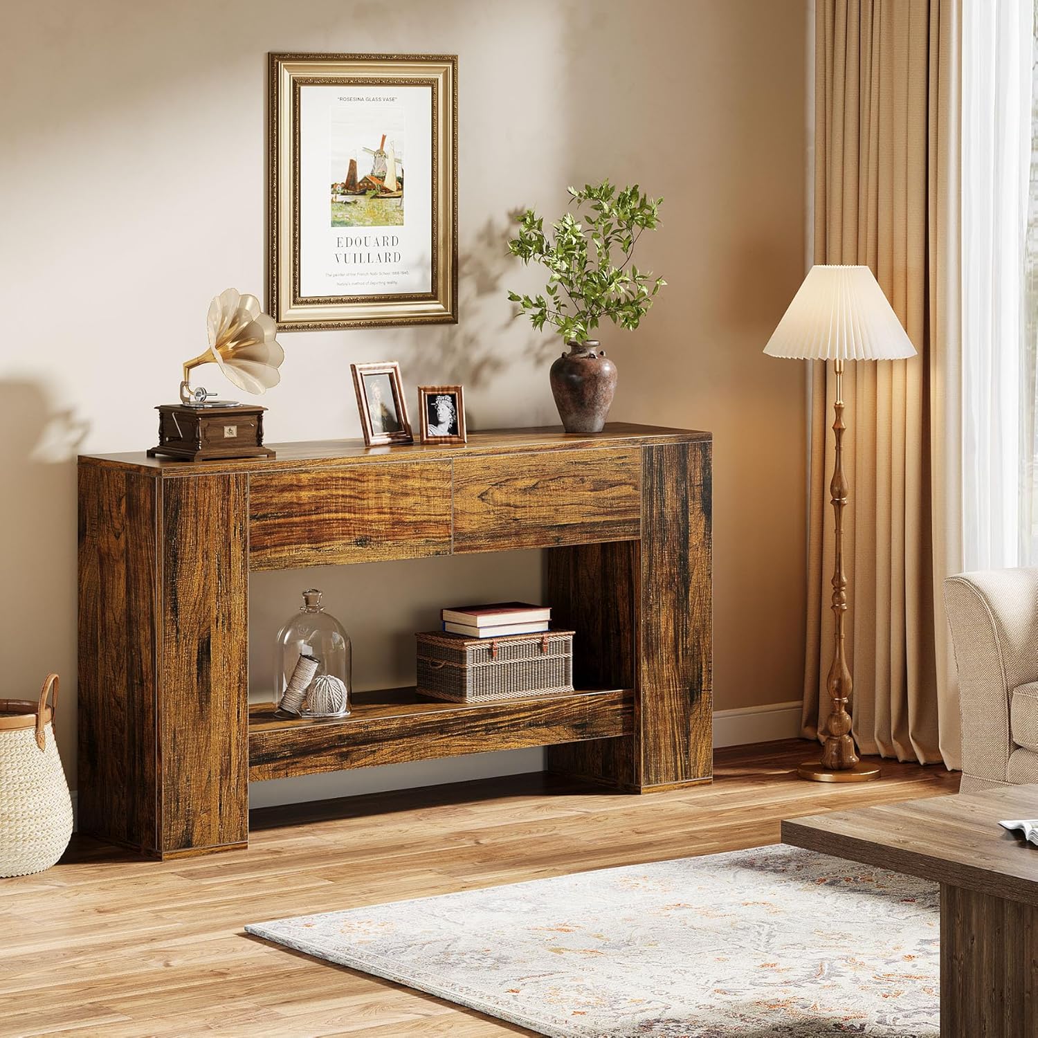 140 cm Rustieke Bruine Consoletafel, Smalle Opbergtafel met 2 Laden en 2 Planken voor Hal en Woonkamer