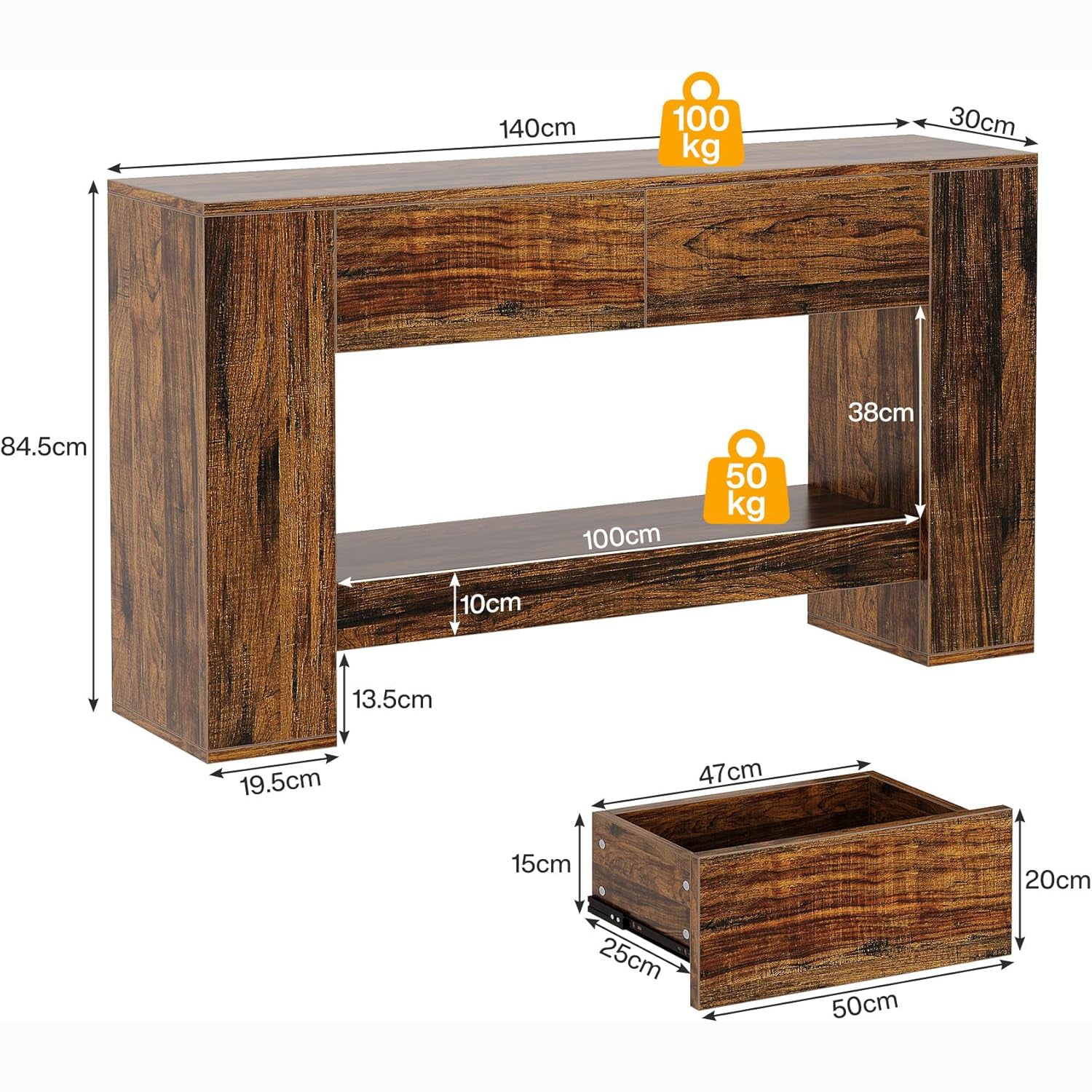 140 cm Rustieke Bruine Consoletafel, Smalle Opbergtafel met 2 Laden en 2 Planken voor Hal en Woonkamer