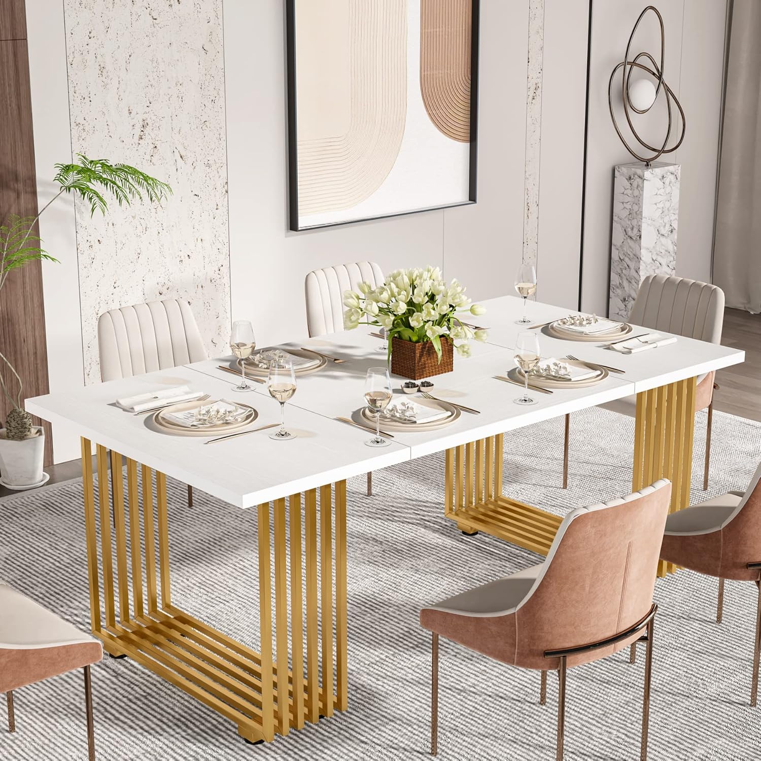 180 cm Eettafel voor Acht Personen, Moderne Witte Tafel met Gouden Accenten voor Eetkamer