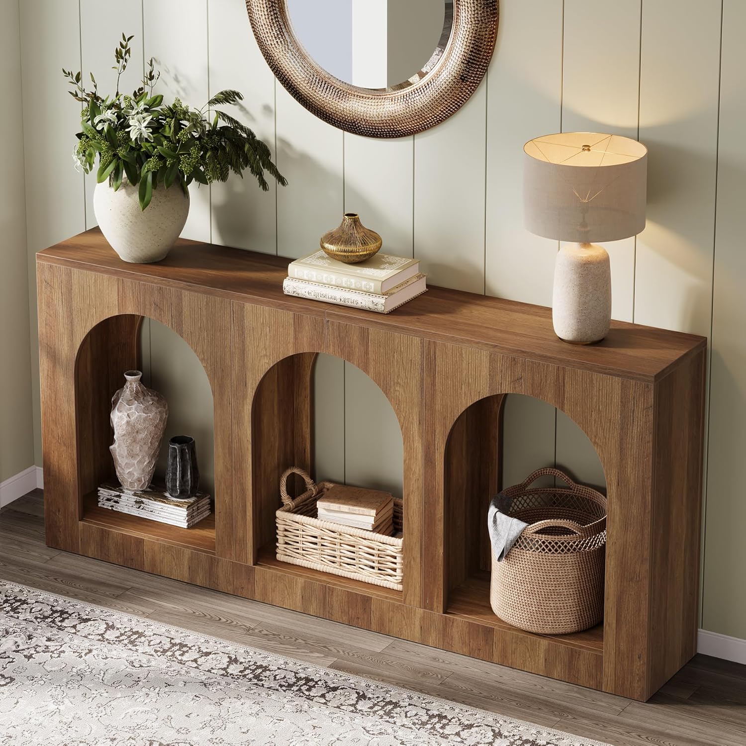 160 cm Console Tafel, Houten Tafel met 3 Boogvormige Planken