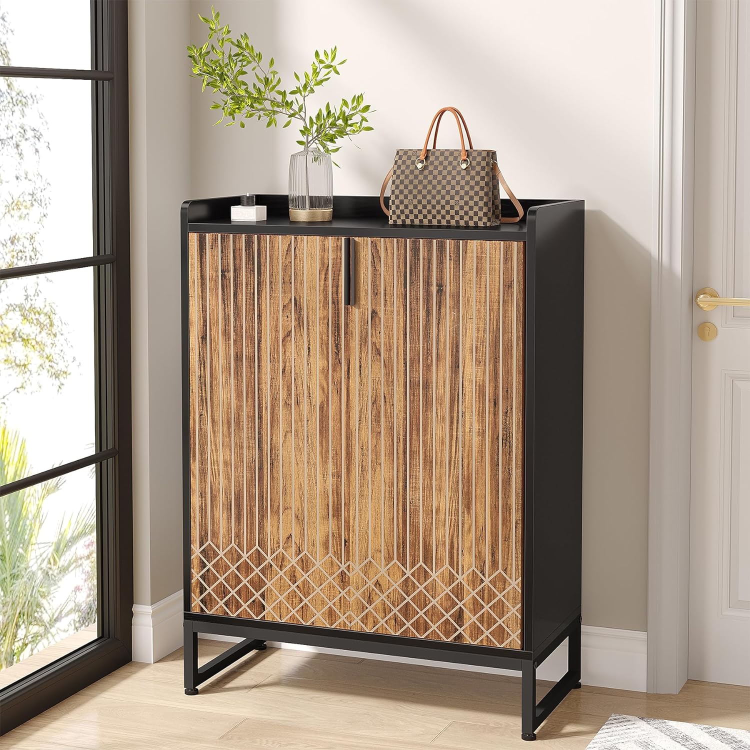 75x35x105 cm moderne schoenenkast, met 2 deuren en 5 laden voor een opgeruimde entree of slaapkamer