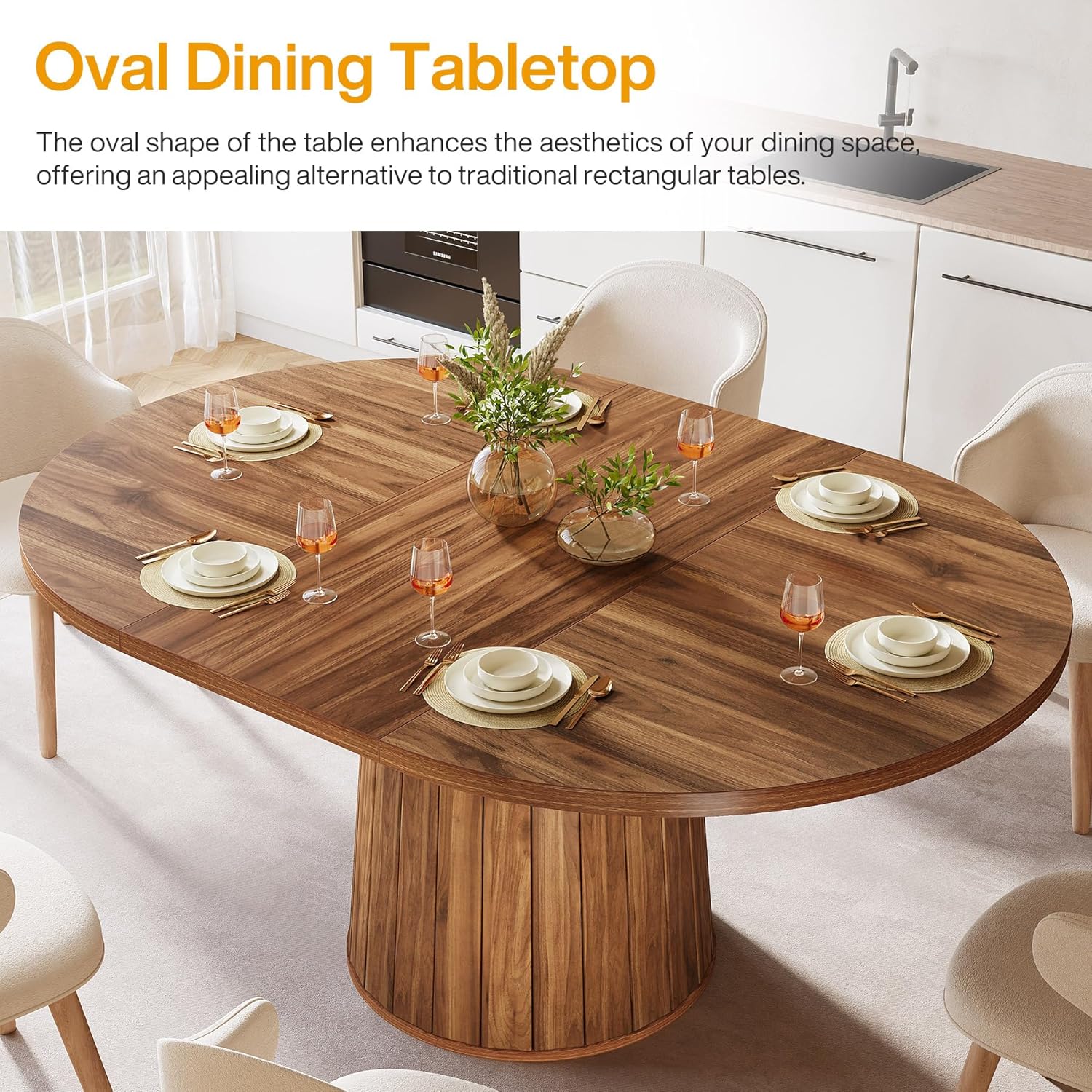 140 cm Ovale Eettafel voor 6 Personen, Boerderijstijl met Massief Houten Blad en Cilindrische Basis in Bruin