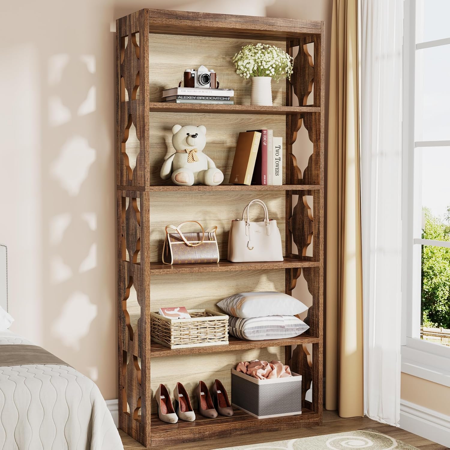 179 cm Boekenkast Met 6 Niveaus, Vrijstaande Houten Vitrinekast Voor Woonkamer