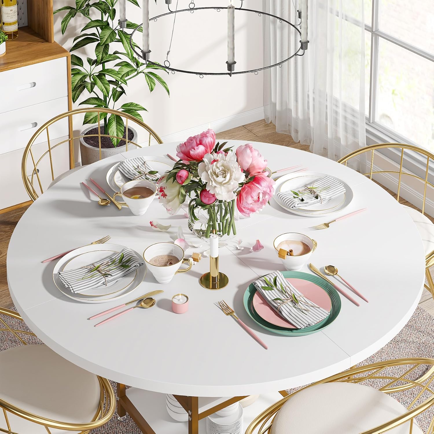 Ronde Eettafel voor Vier Personen, Met Handige Opbergplank in Rustiek Bruin en Zwart