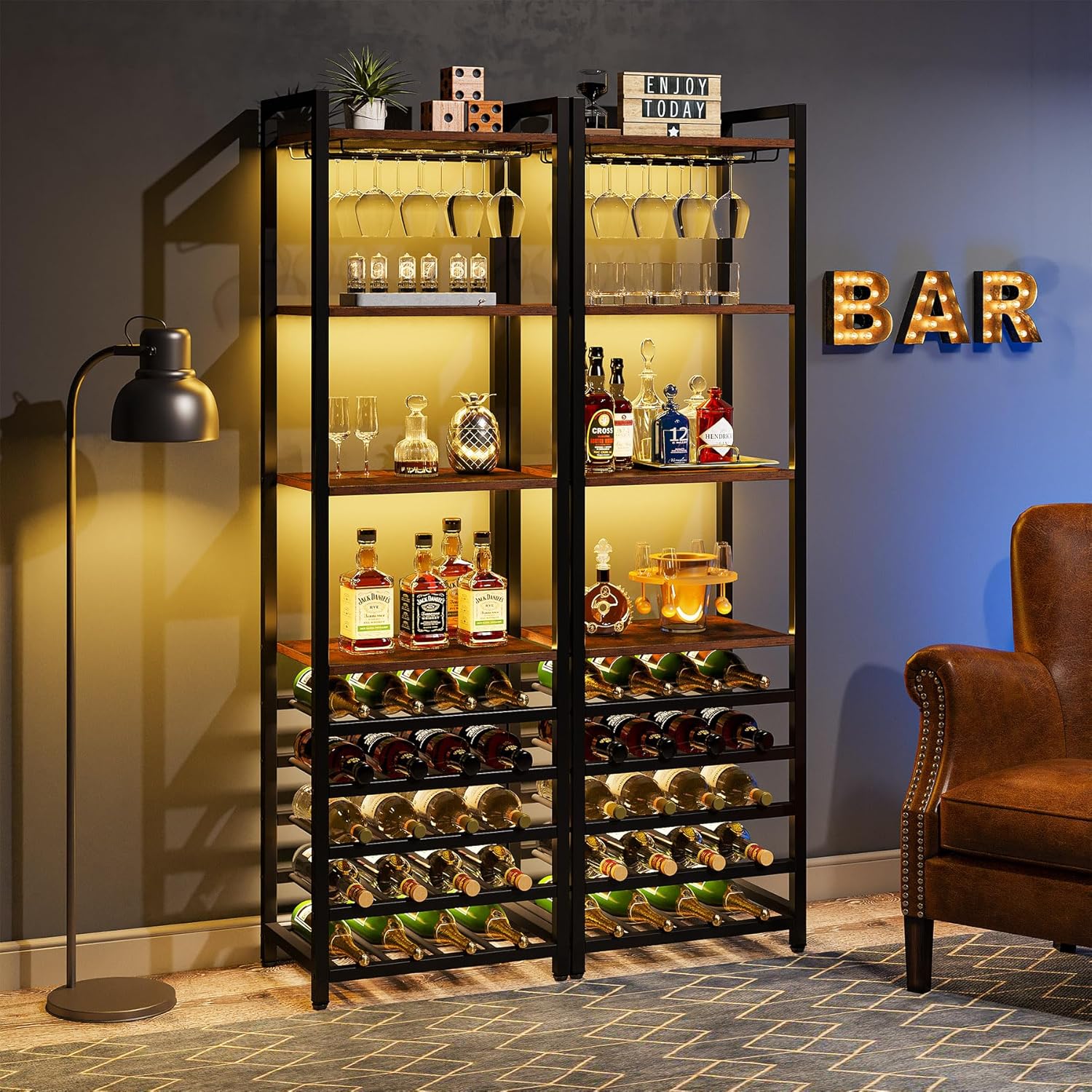 180 cm Wijnrek, Multifunctionele Opbergkast met Negen Planken en Glasopberging