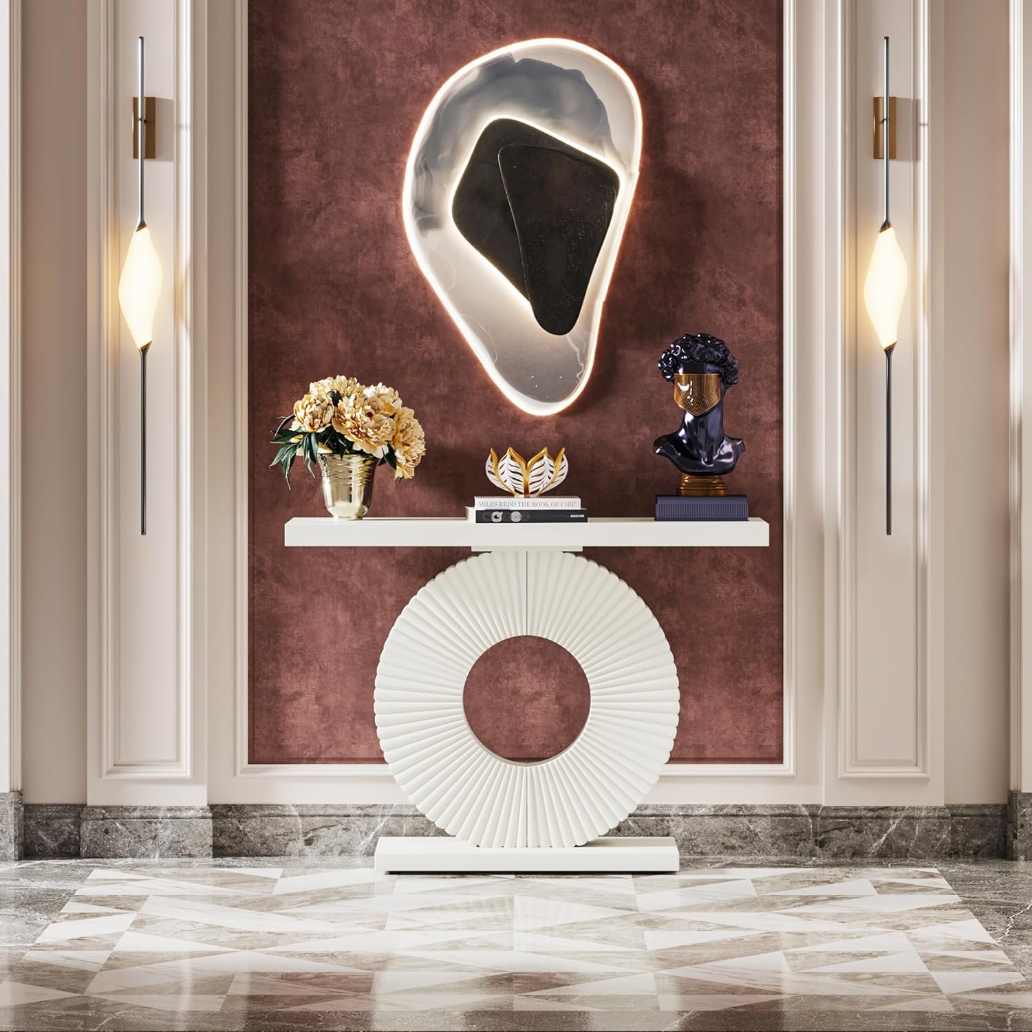 100 cm Smalle Consoletafel, Moderne Witte Tafel Met Geometrisch Onderstel Voor Entree Hal Of Woonkamer