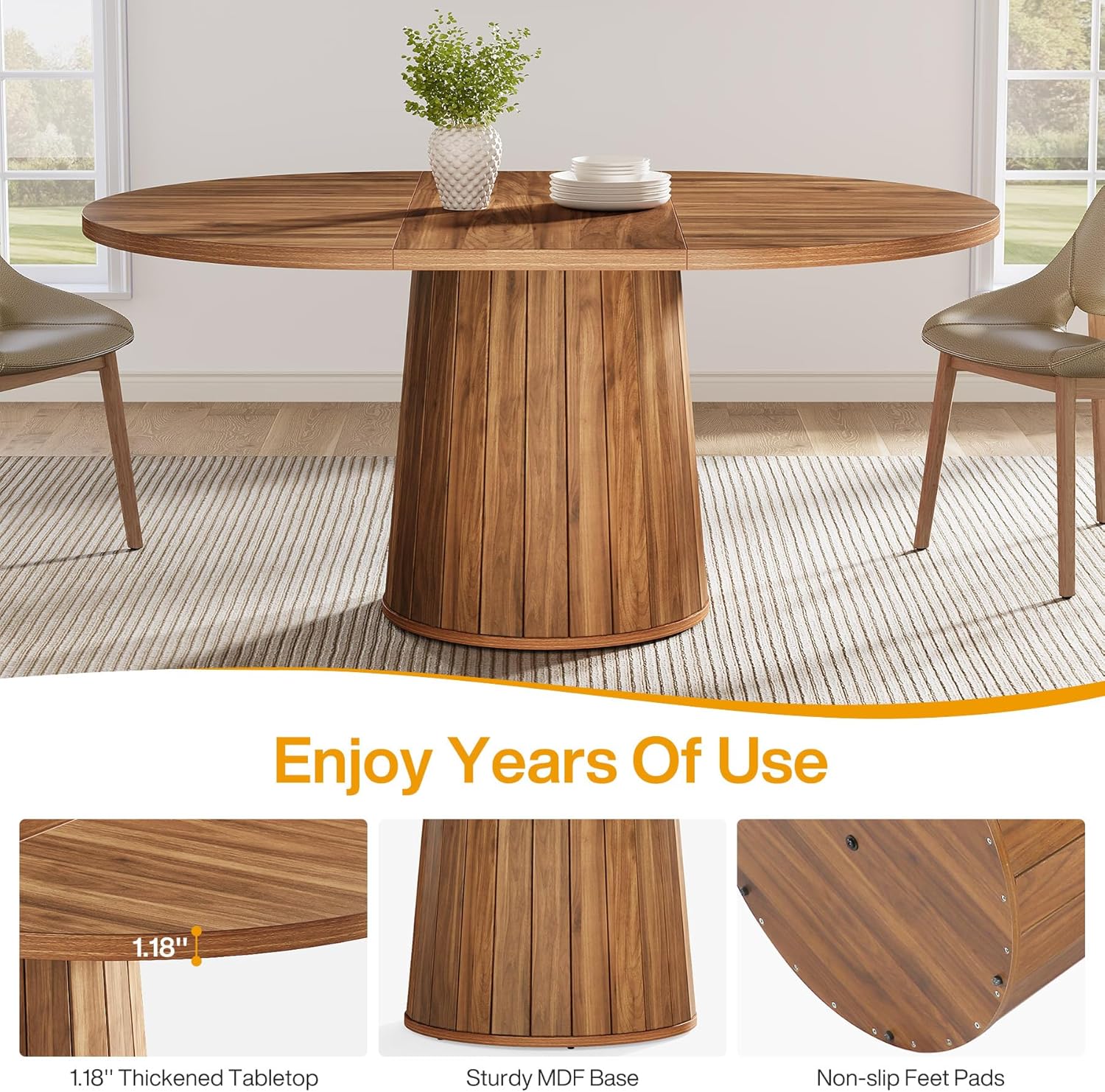 140 cm Ovale Eettafel voor 6 Personen, Boerderijstijl met Massief Houten Blad en Cilindrische Basis in Bruin