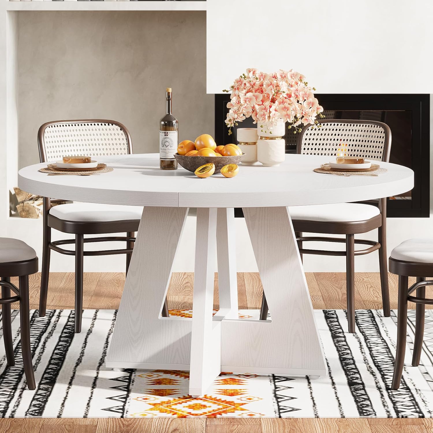 120 cm Ronde Boeren Eettafel, Bruin Houten Tafelblad voor 4 Personen in Keuken of Woonkamer