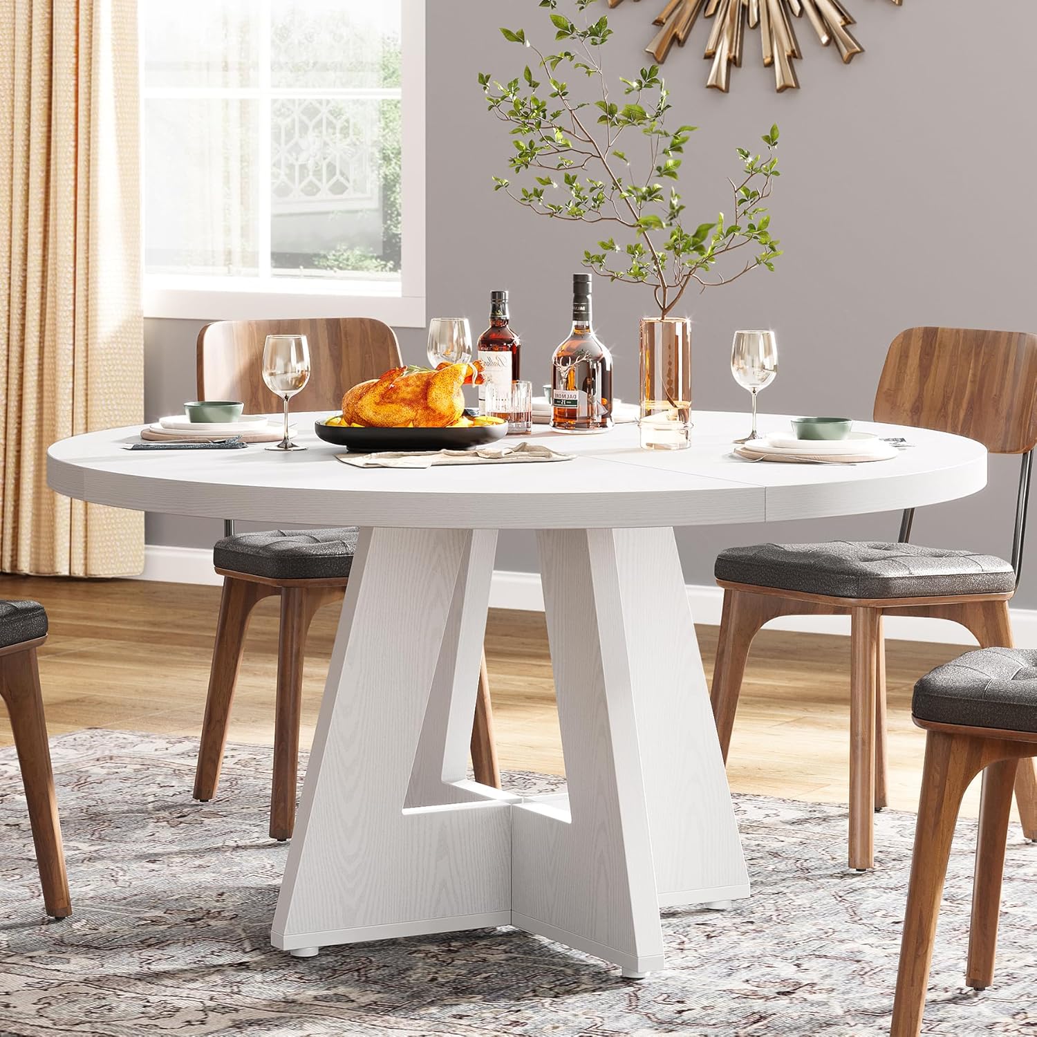 120 cm Ronde Boeren Eettafel, Bruin Houten Tafelblad voor 4 Personen in Keuken of Woonkamer