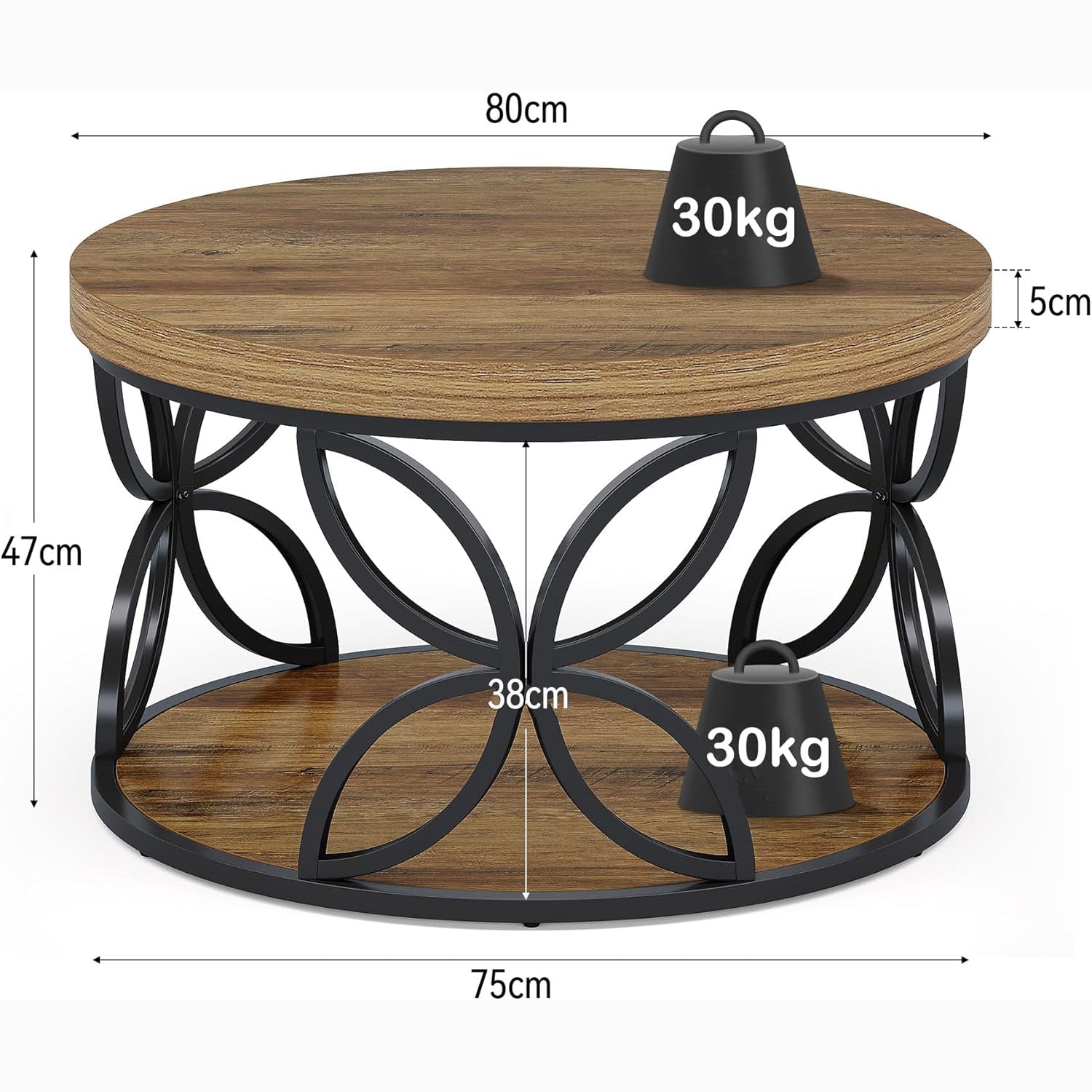 Ronde salontafel van 80 cm met opbergniveau, houten tafel met metalen frame voor woonkamer