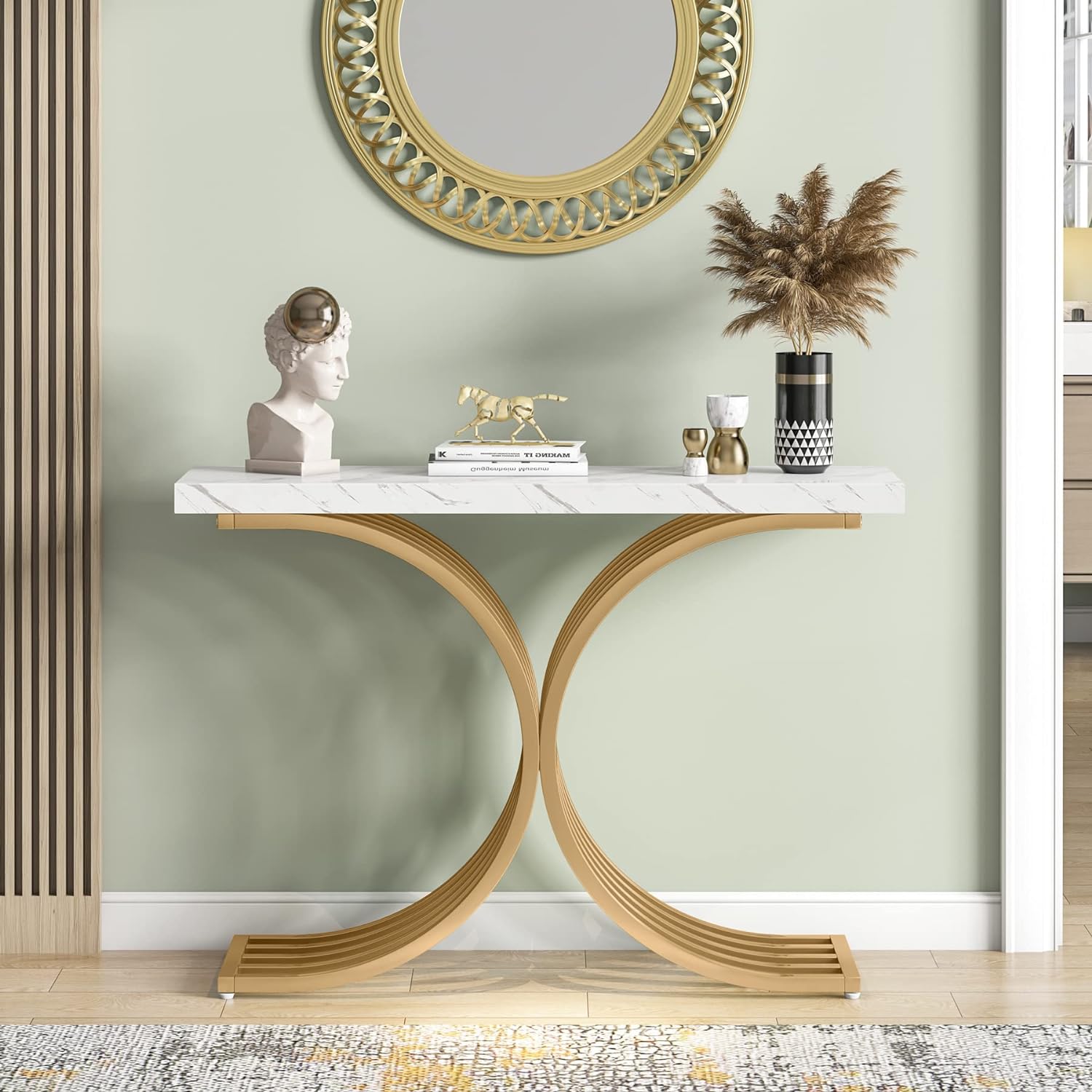 100 cm Smalle Console Tafel, Zijdelingse Tafel met Gouden Metaal Frame