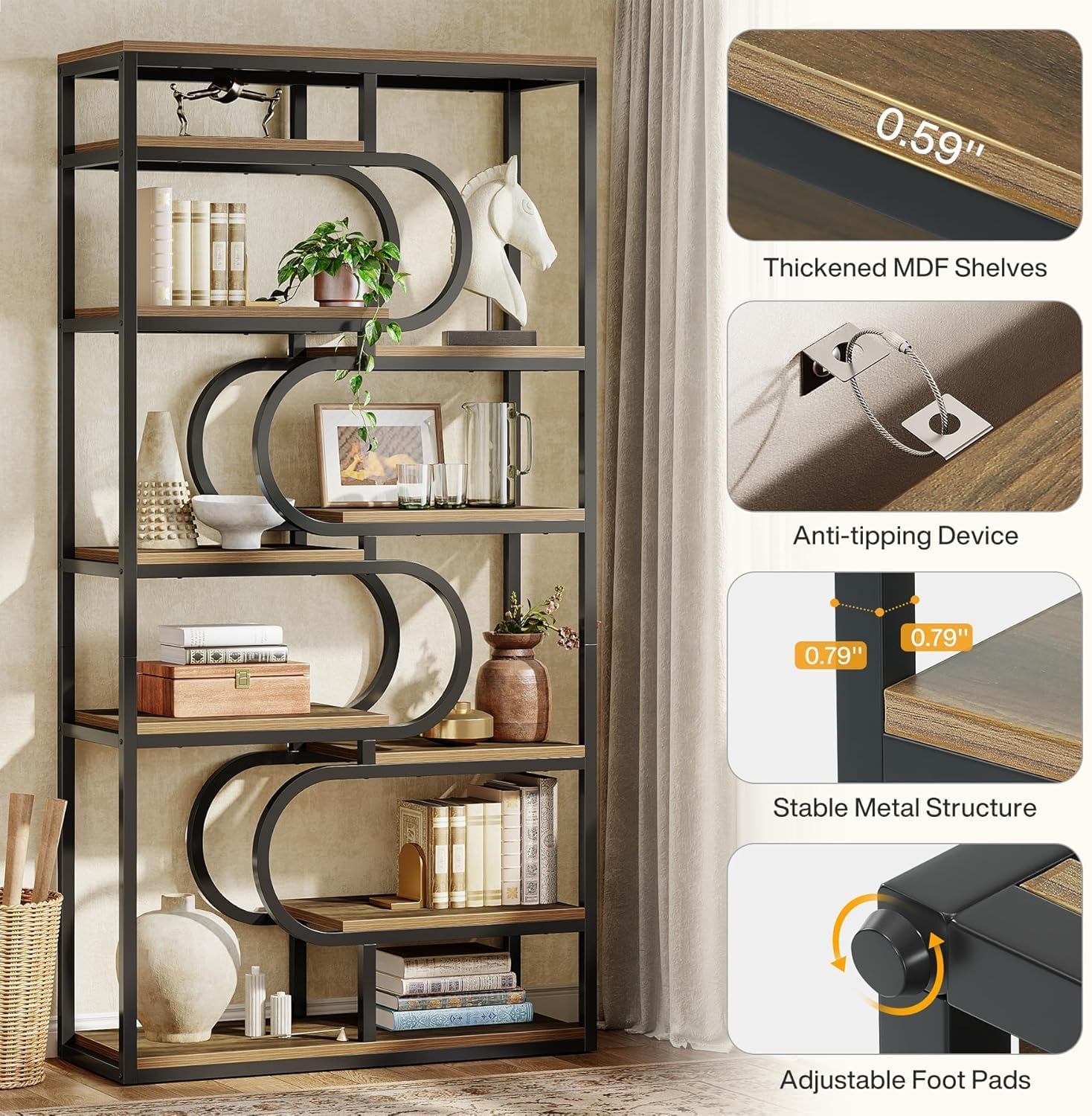 180 cm Industriële Boekenkast, Vijfplanken Etagère met Metalen Frame voor Kantoor