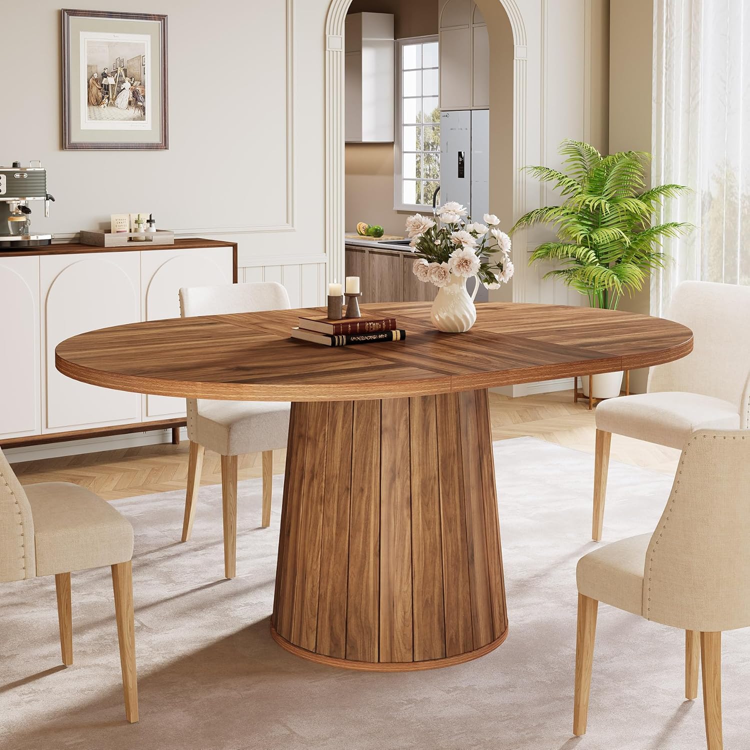 140 cm Ovale Eettafel voor 6 Personen, Boerderijstijl met Massief Houten Blad en Cilindrische Basis in Bruin