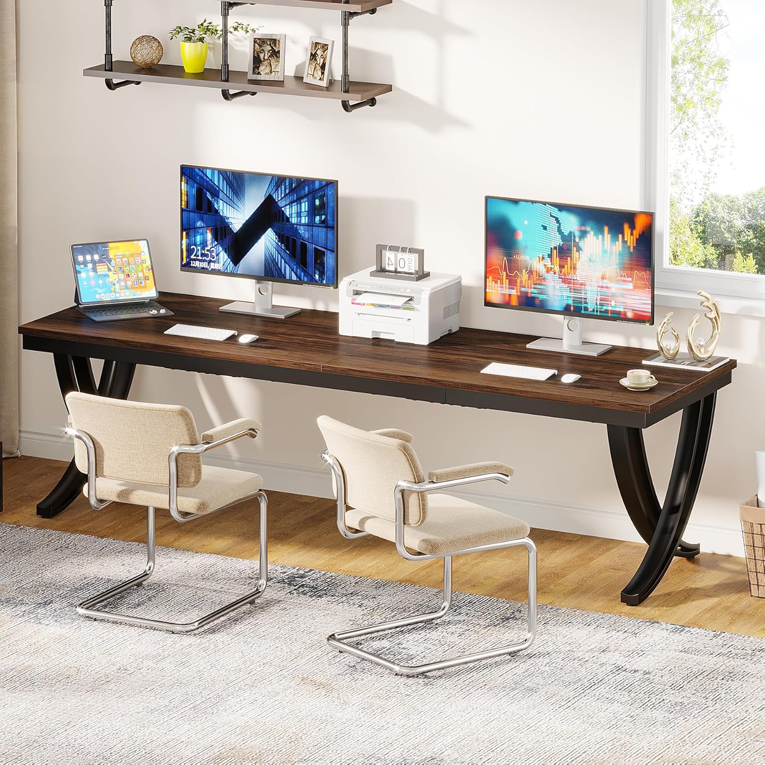 200 cm Bureau voor Twee Personen, Landelijke Computer Tafel met Stijlvolle Poten