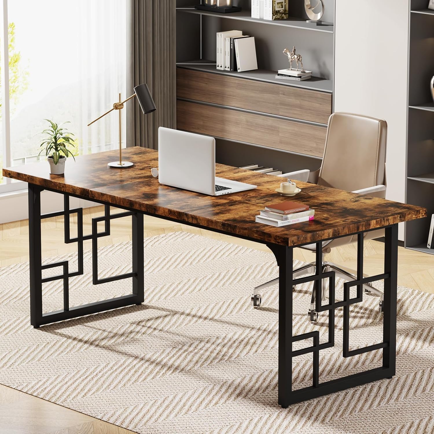 Industrieel Bureau 160 cm, Vintage Bruin en Zwart Werkblad met Metalen Frame