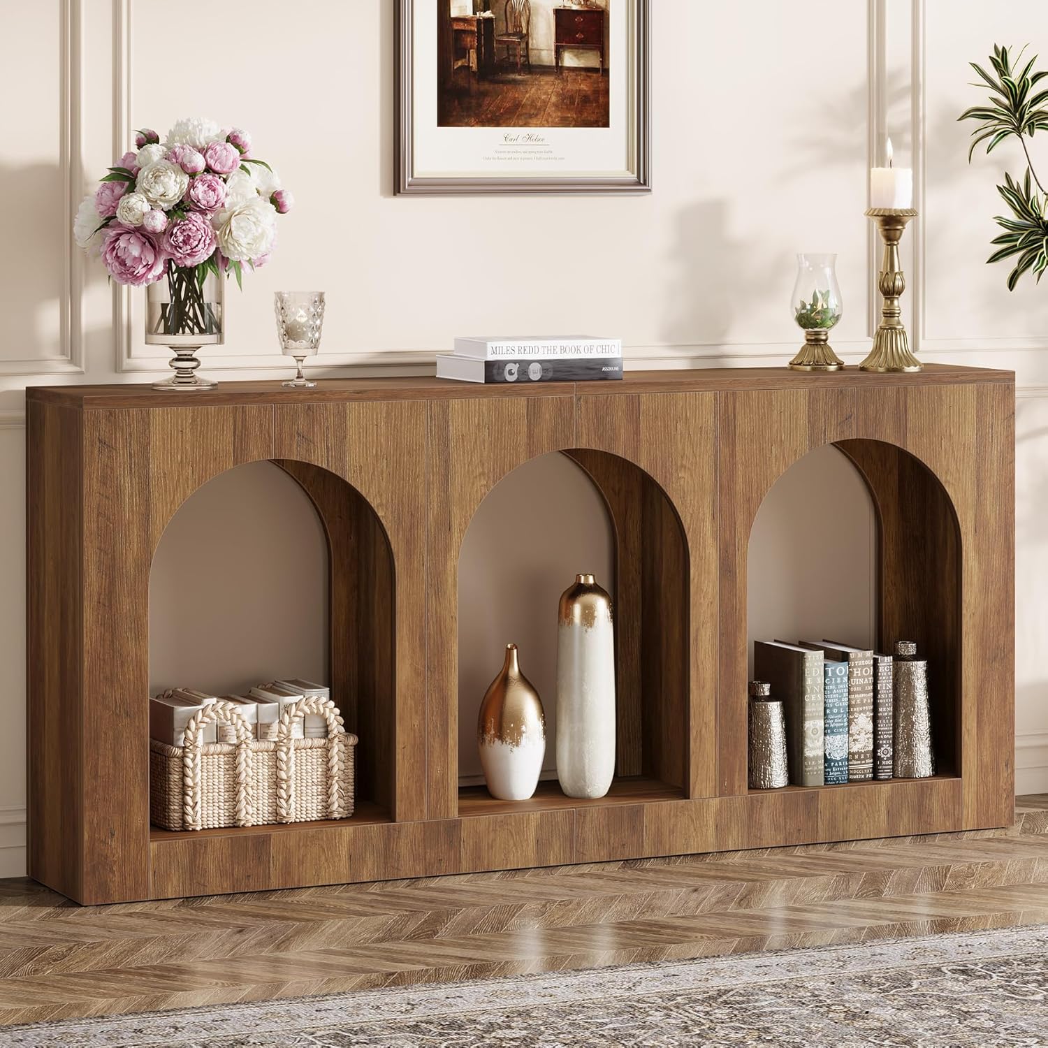 160 cm Console Tafel, Houten Tafel met 3 Boogvormige Planken