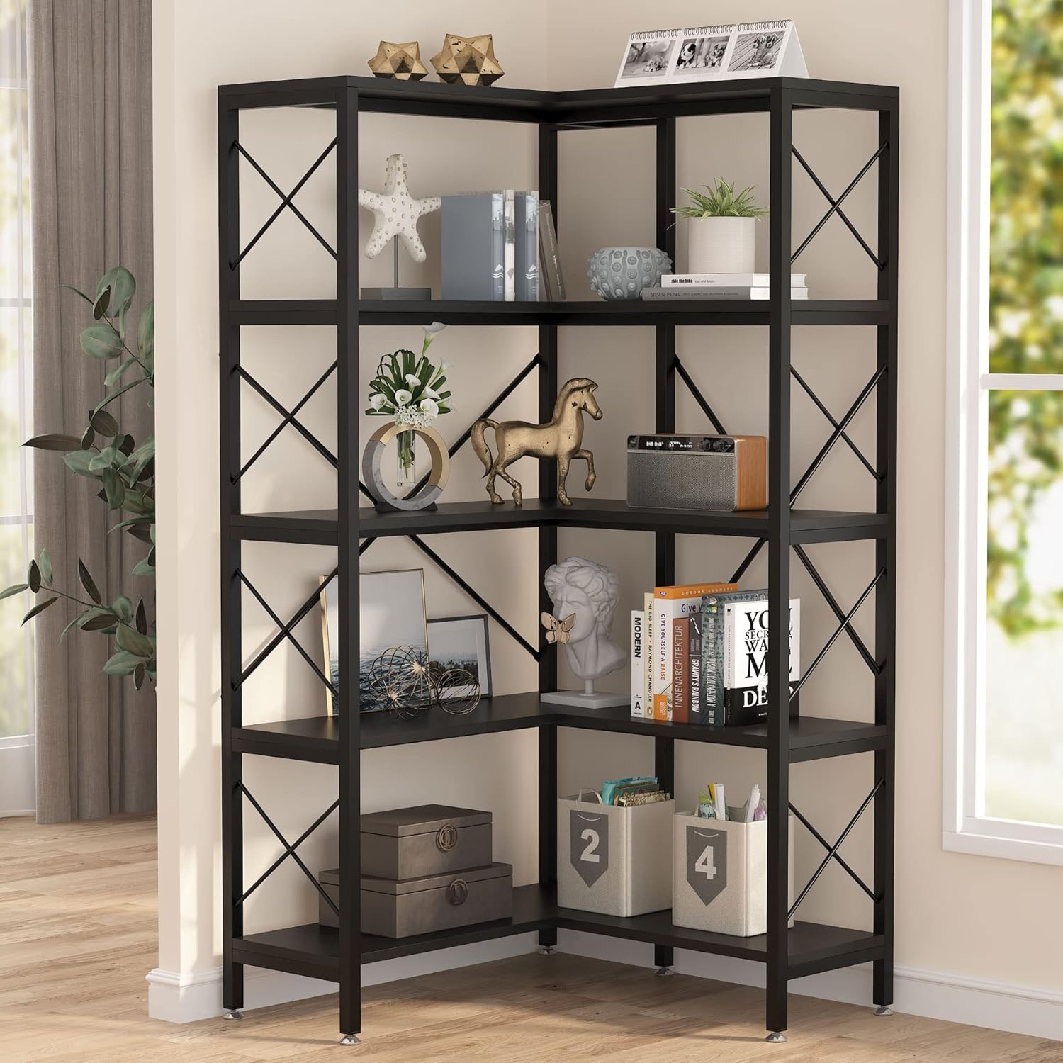 180 cm Moderne Hoekboekenkast, 5 Planken met Metaal Frame in Bruine Afwerking