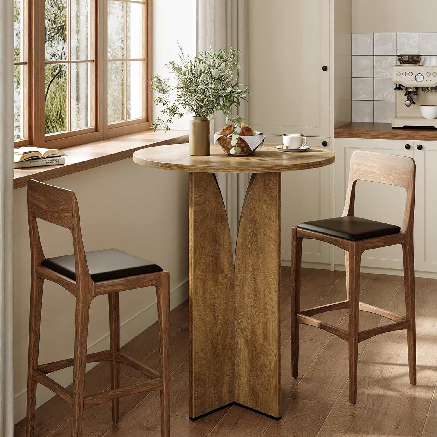 80cm Ronde Bartafel met Staatafelhoogte, Massief Houten Bar voor Bistro en Woonkamer in Bruine Afwerking